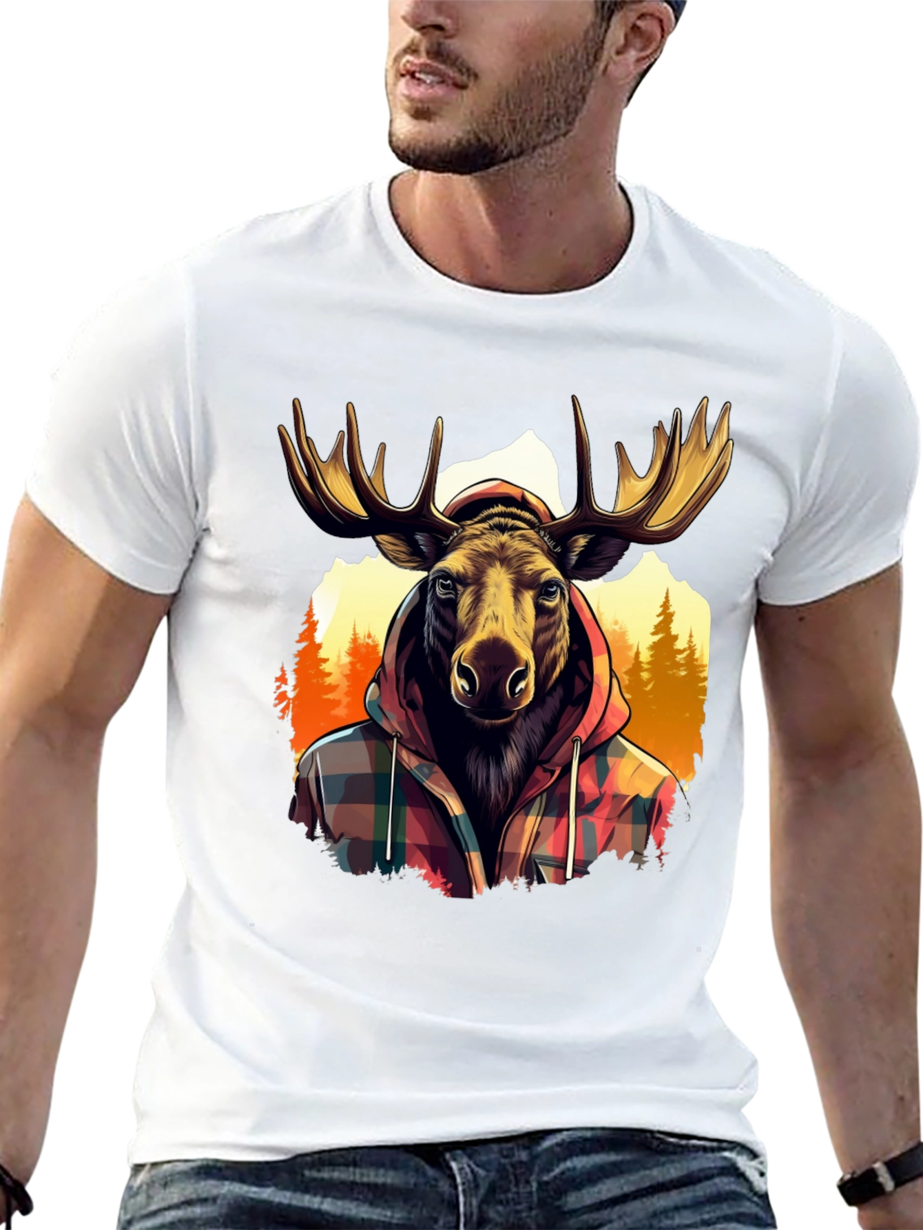 Moose in Plaid Hoodie Graphic T-Shirt