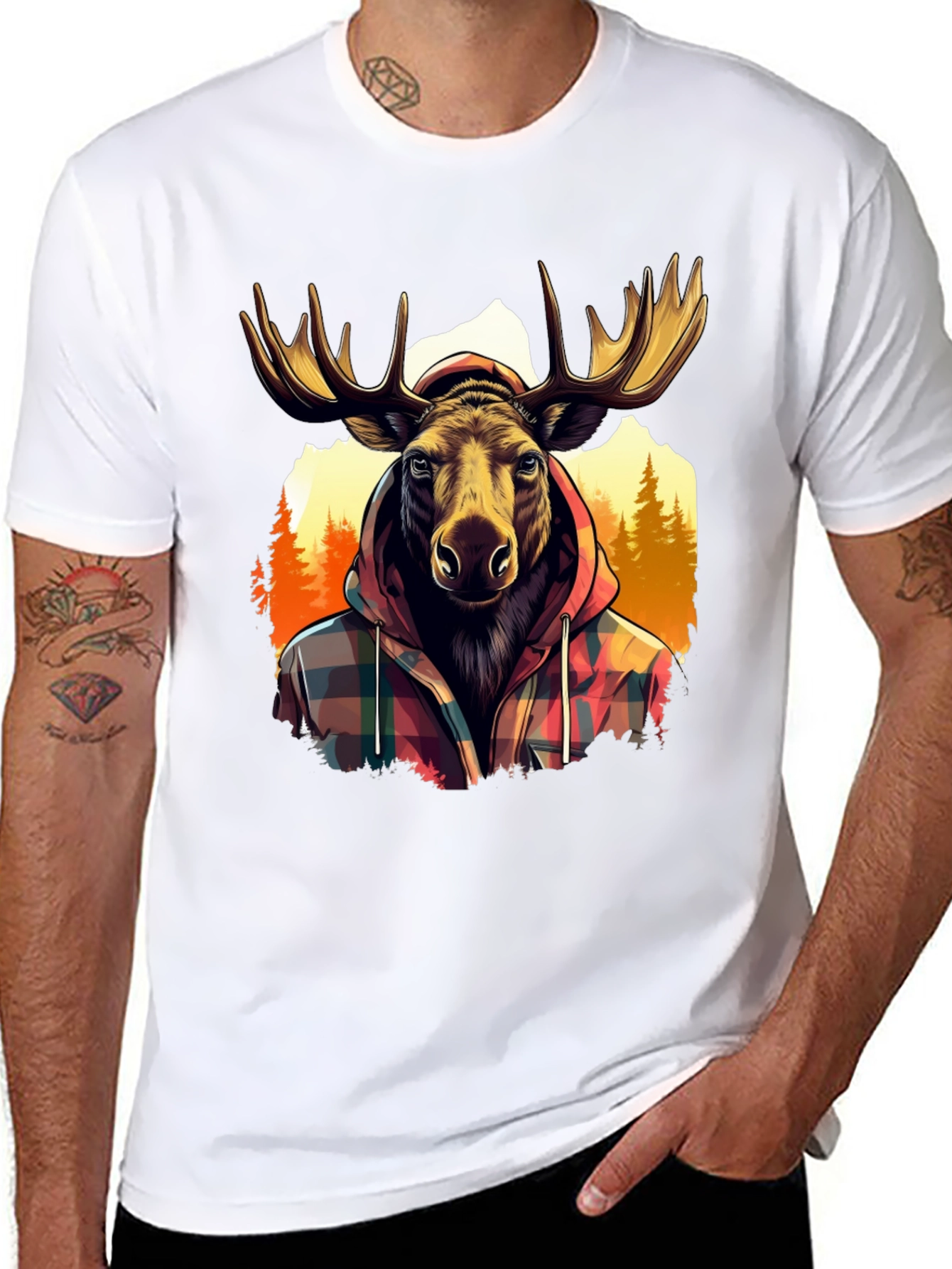 Moose in Plaid Hoodie Graphic T-Shirt
