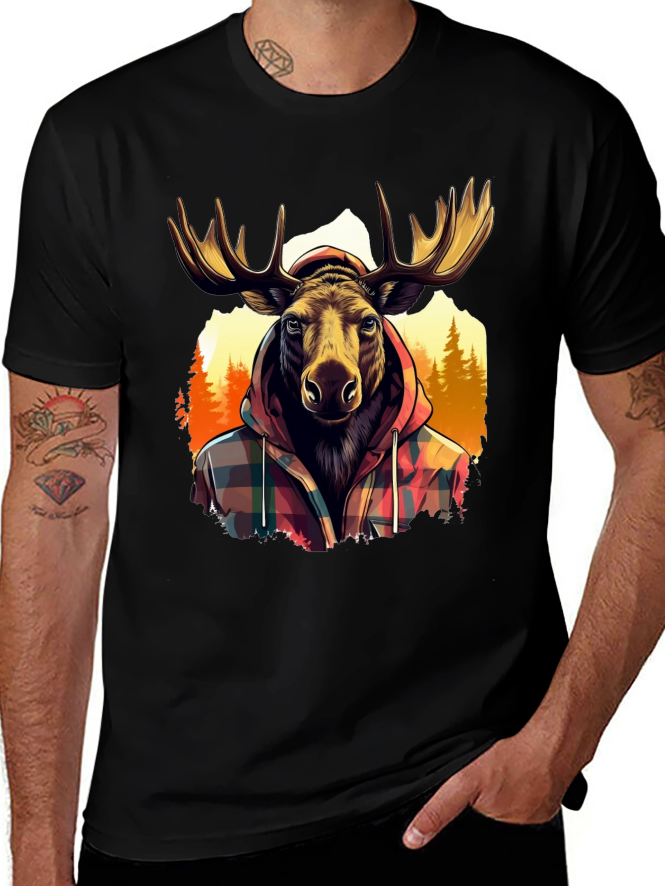 Moose in Plaid Hoodie Graphic T-Shirt