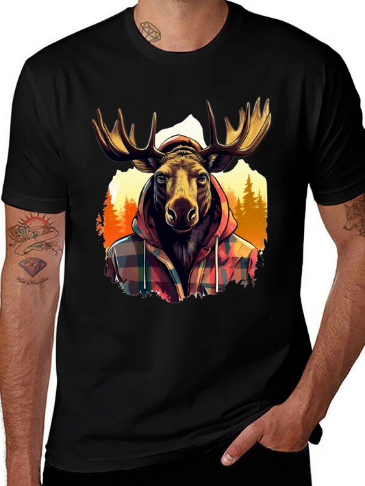 Moose in Plaid Hoodie Graphic T-Shirt