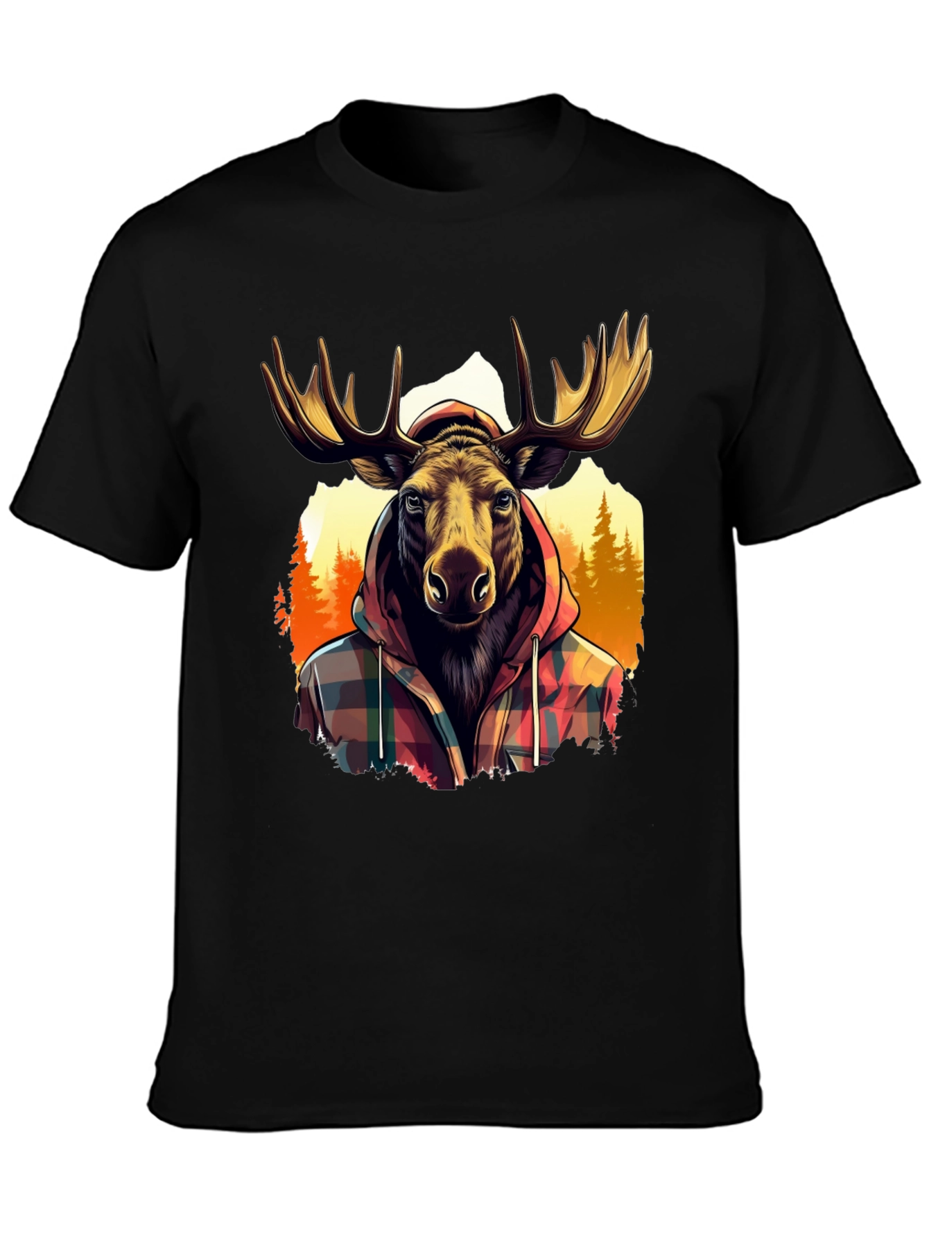 Moose in Plaid Hoodie Graphic T-Shirt