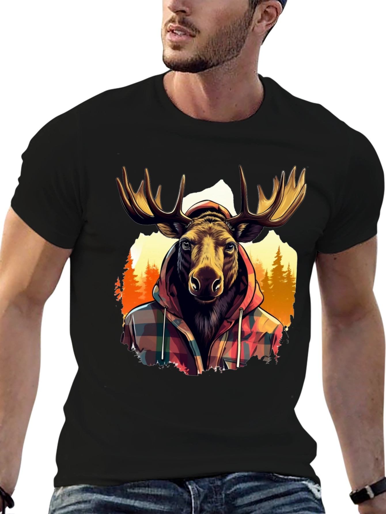 Moose in Plaid Hoodie Graphic T-Shirt