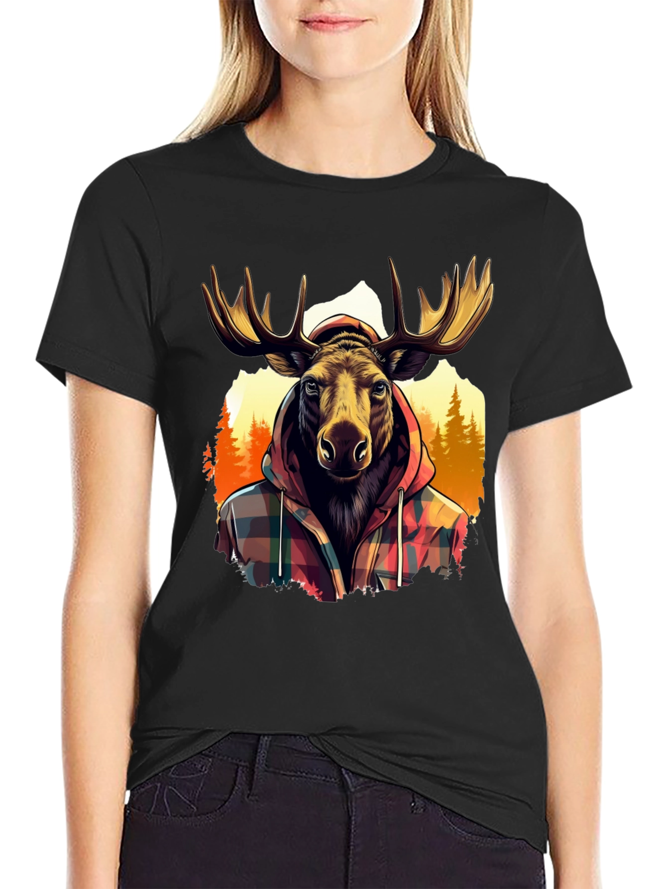 Moose in Plaid Hoodie Graphic T-Shirt