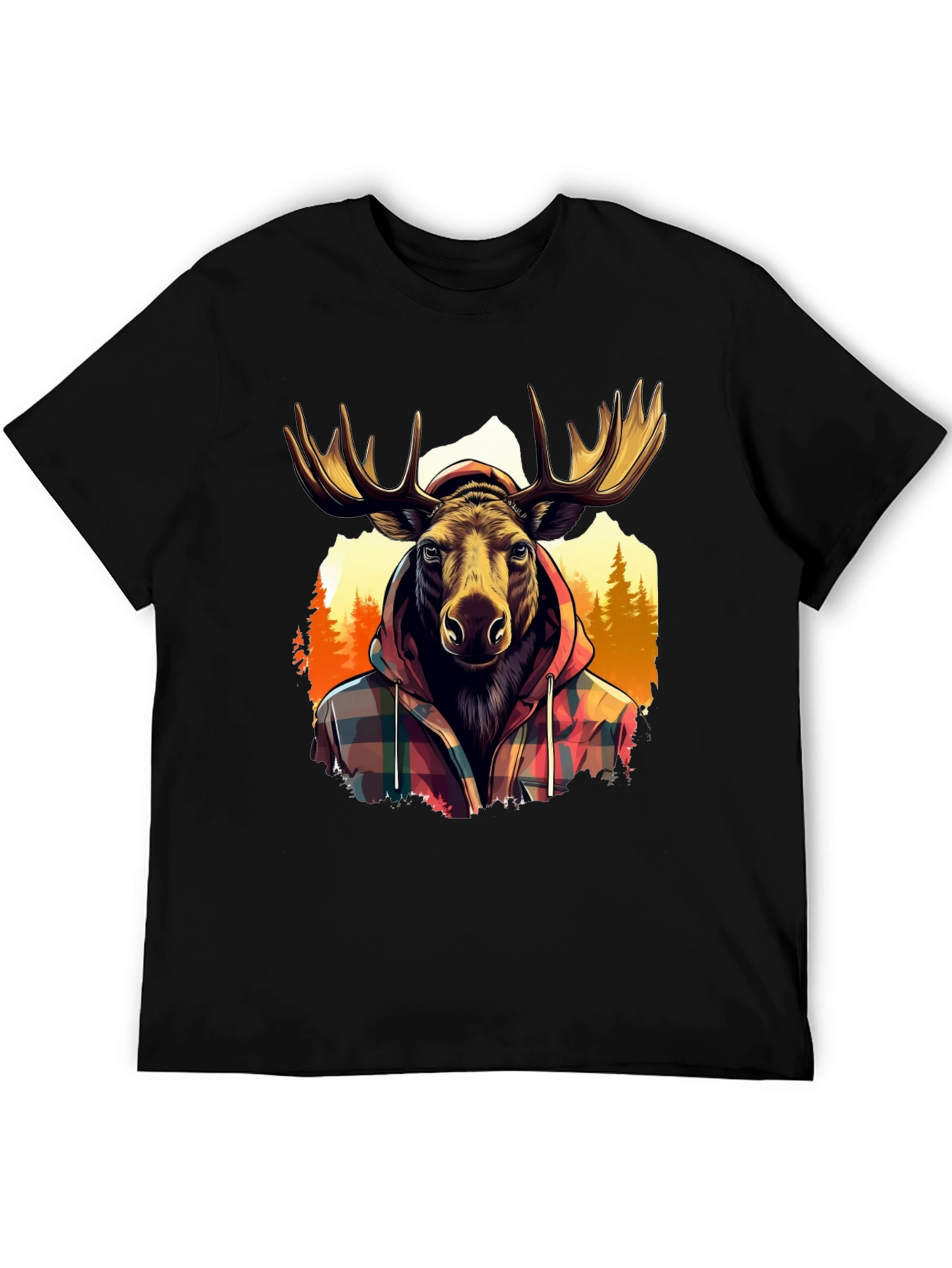 Moose in Plaid Hoodie Graphic T-Shirt