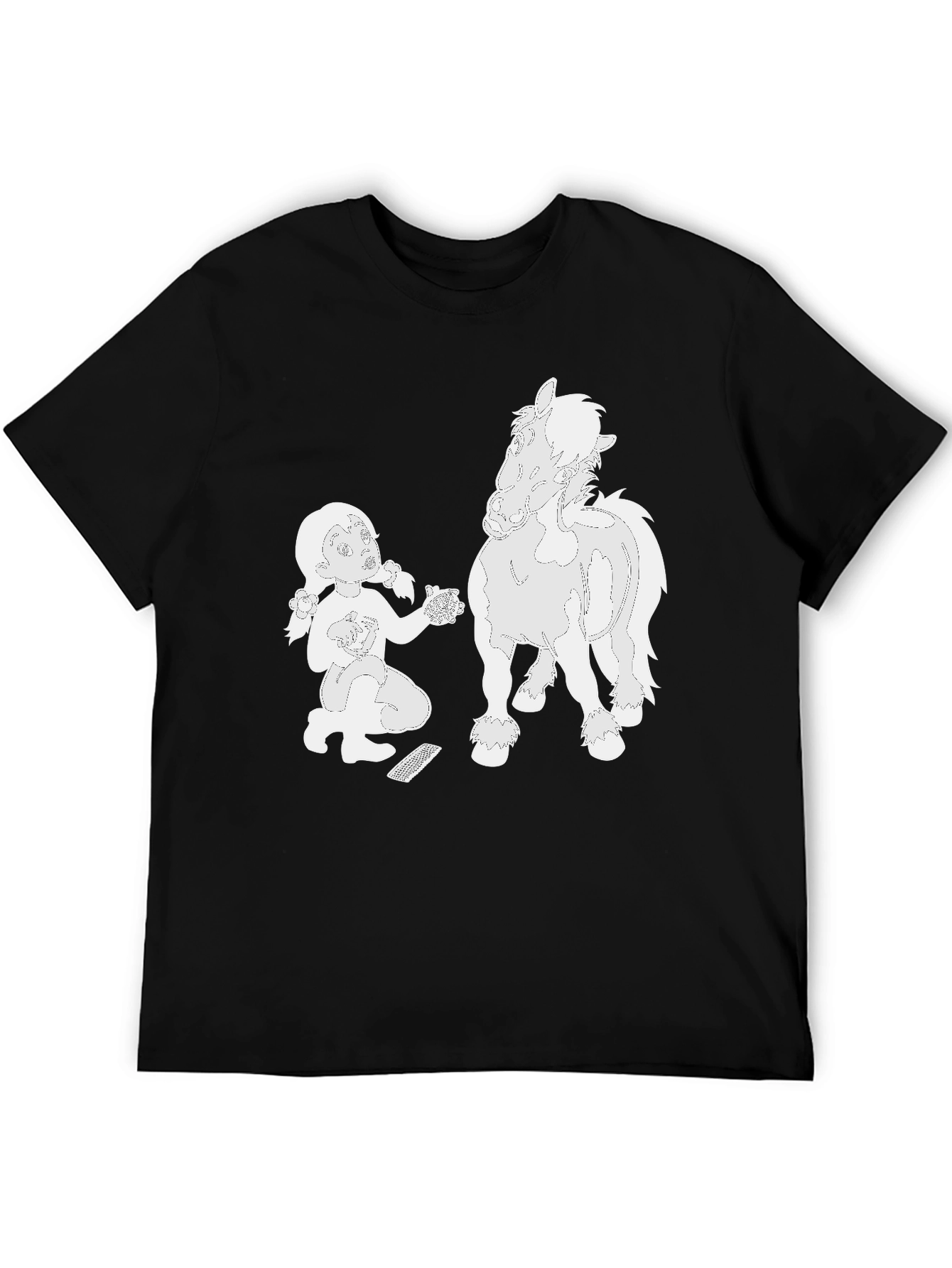 Cartoon Girl and Horse Black T-Shirt