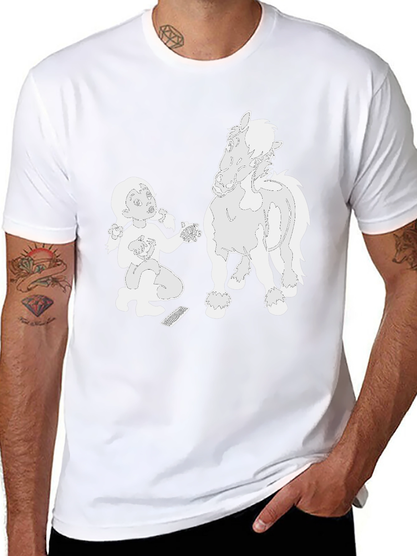 Cartoon Girl and Horse Black T-Shirt