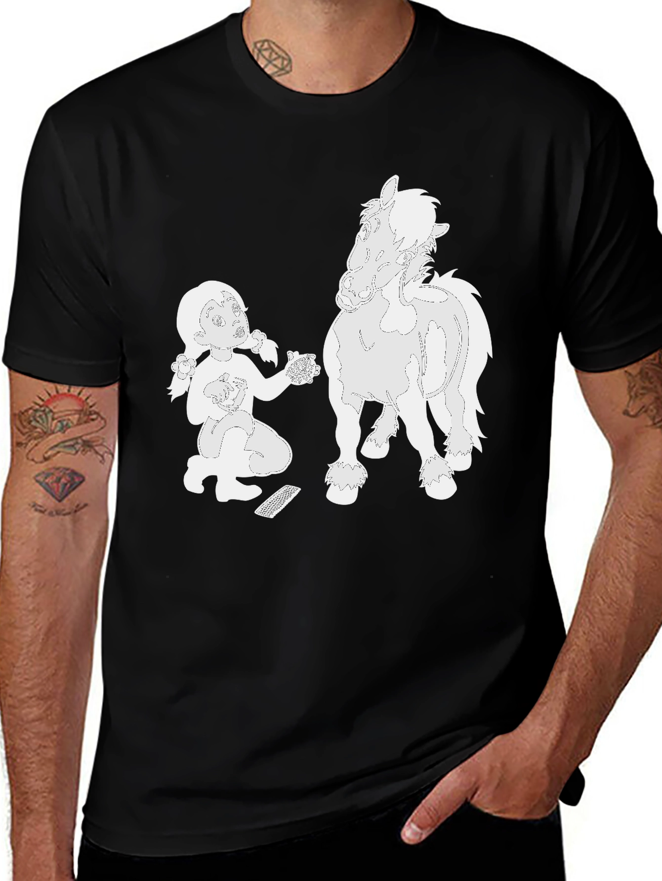 Cartoon Girl and Horse Black T-Shirt