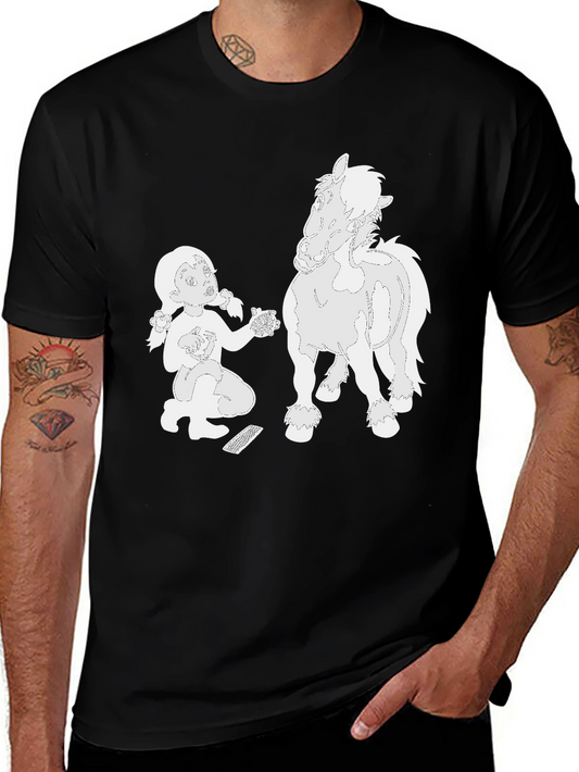 Cartoon Girl and Horse Black T-Shirt