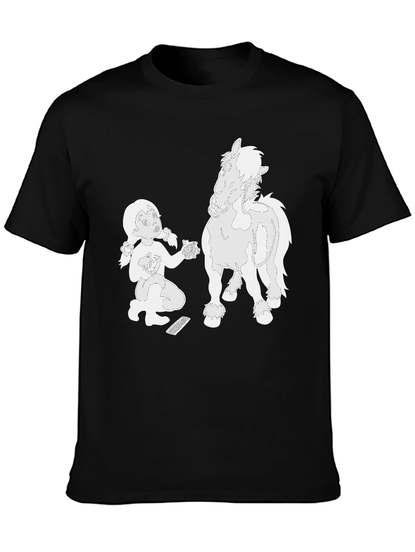 Cartoon Girl and Horse Black T-Shirt