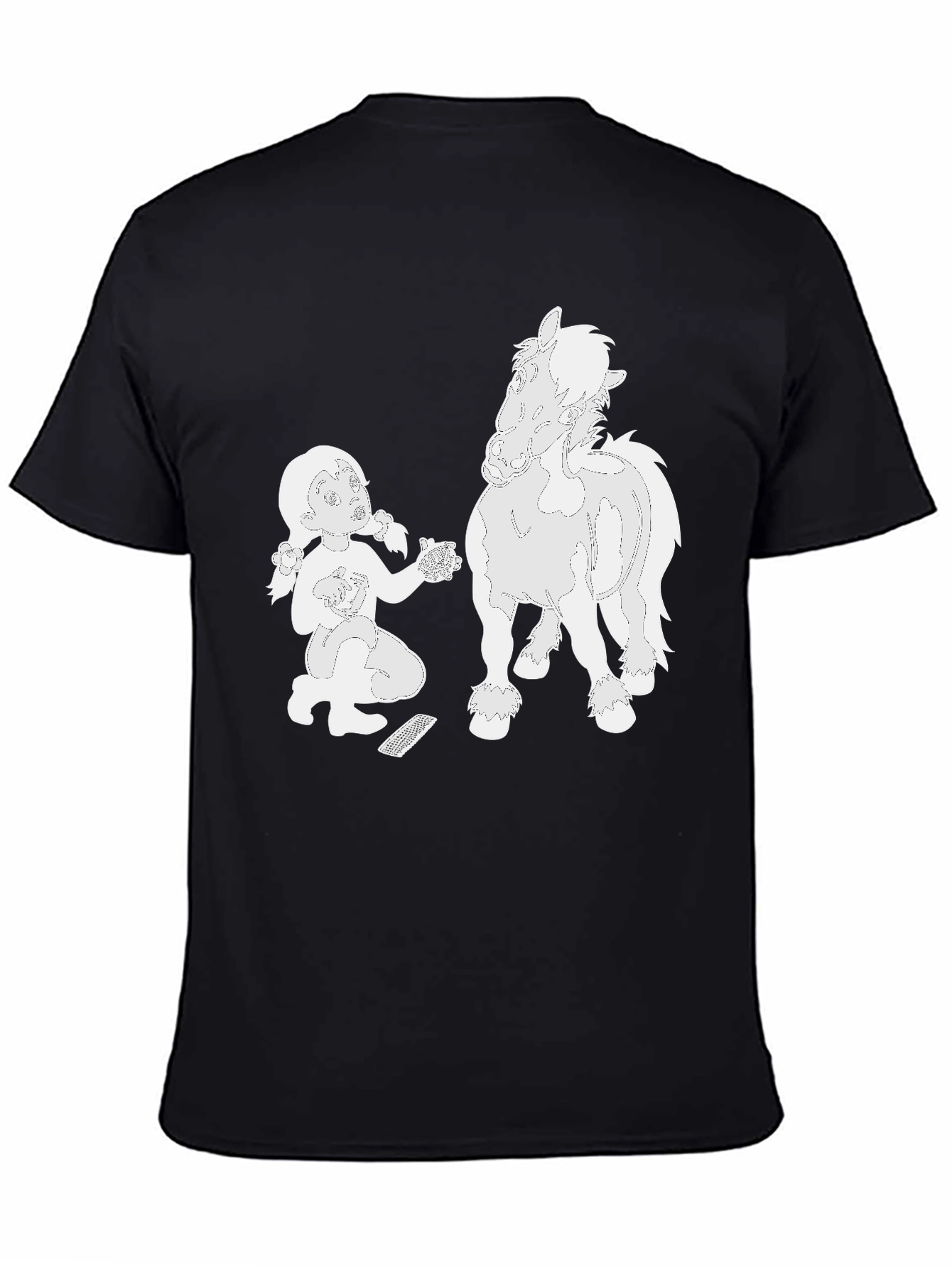 Cartoon Girl and Horse Black T-Shirt