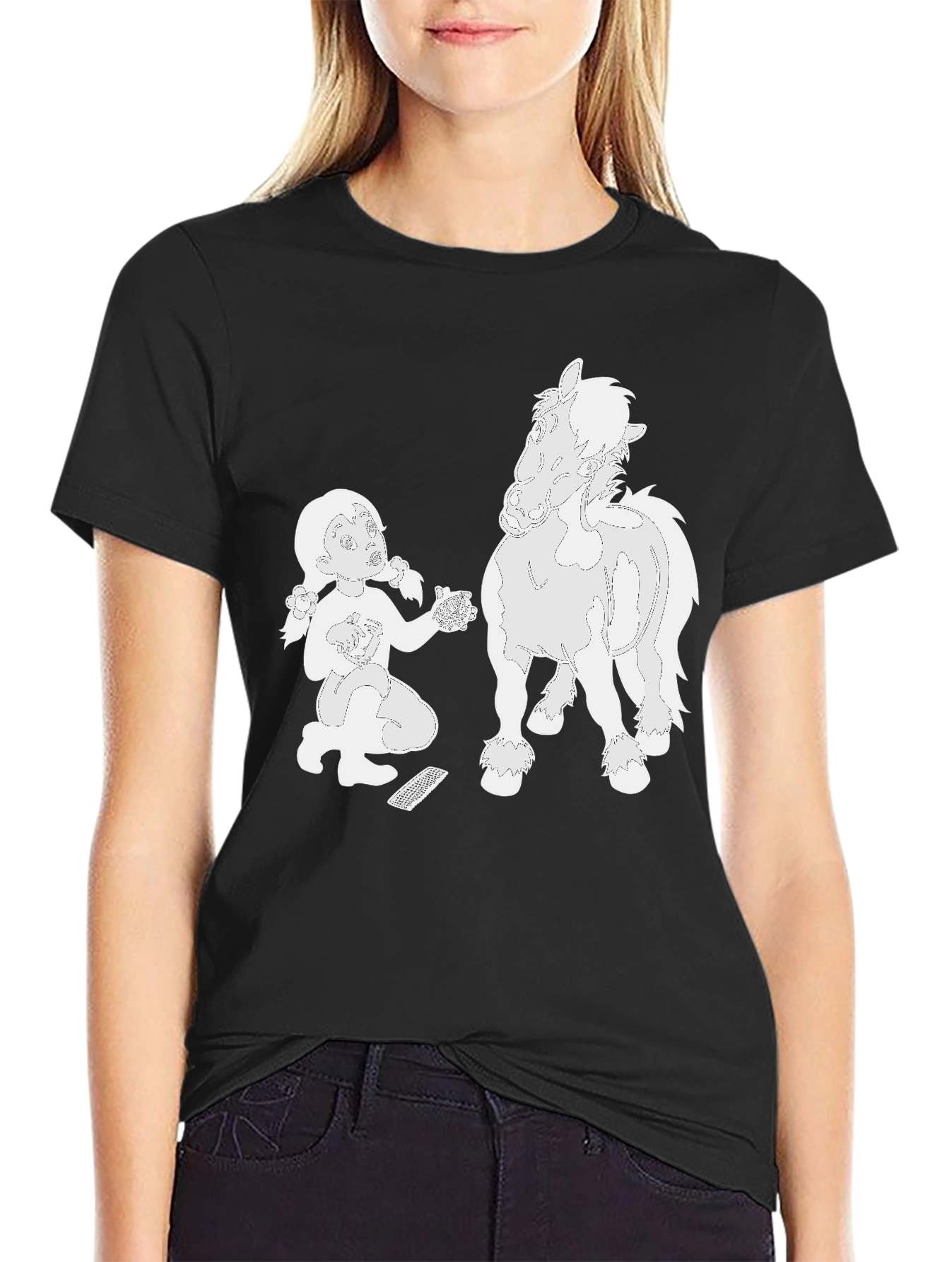 Cartoon Girl and Horse Black T-Shirt