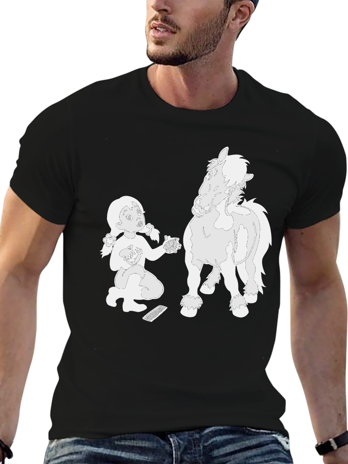 Cartoon Girl and Horse Black T-Shirt
