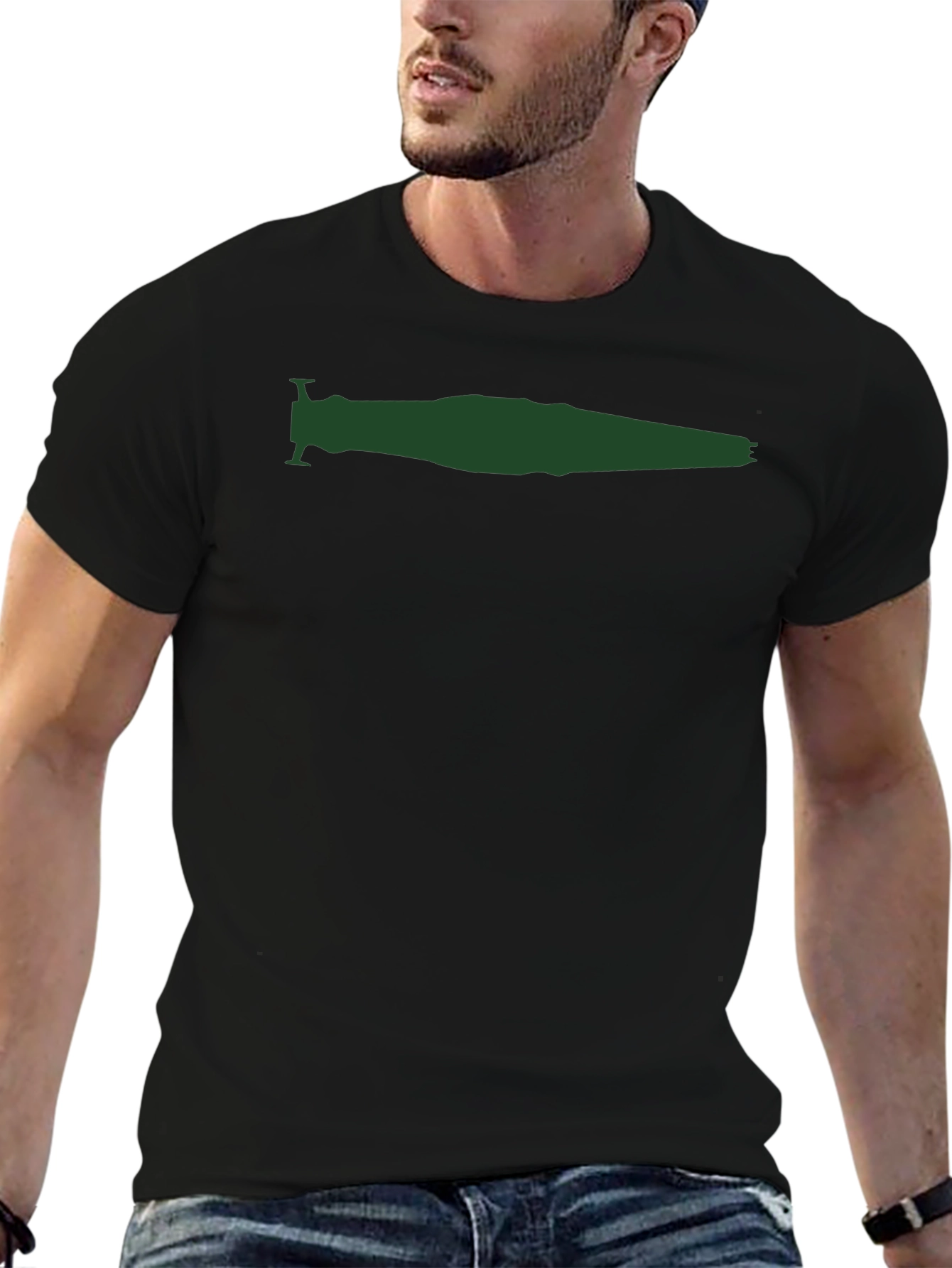 Mens Black T-Shirt with Green Spaceship Silhouette