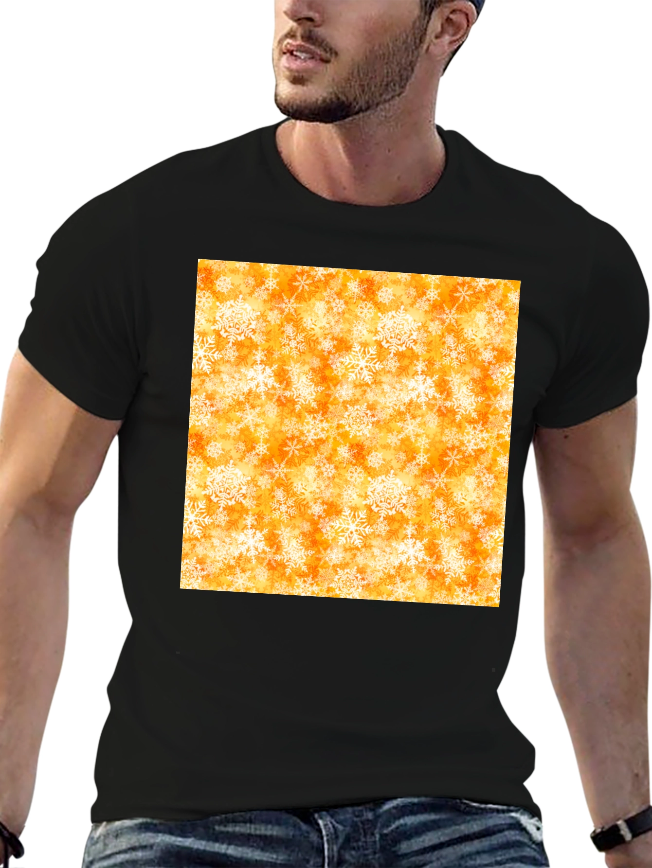 Festive Snowflake Print Black T-Shirt