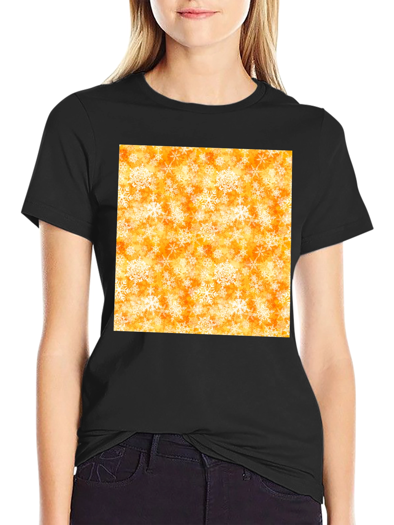 Festive Snowflake Print Black T-Shirt