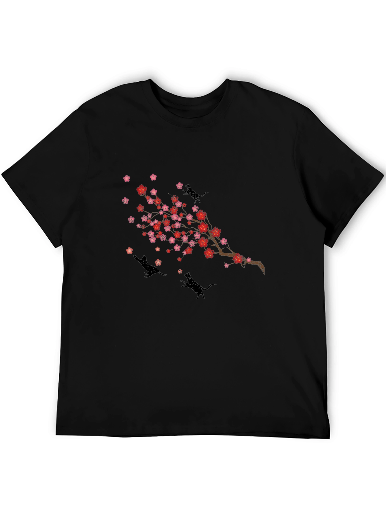 Cherry Blossom Cats T-Shirt - Black Crew Neck