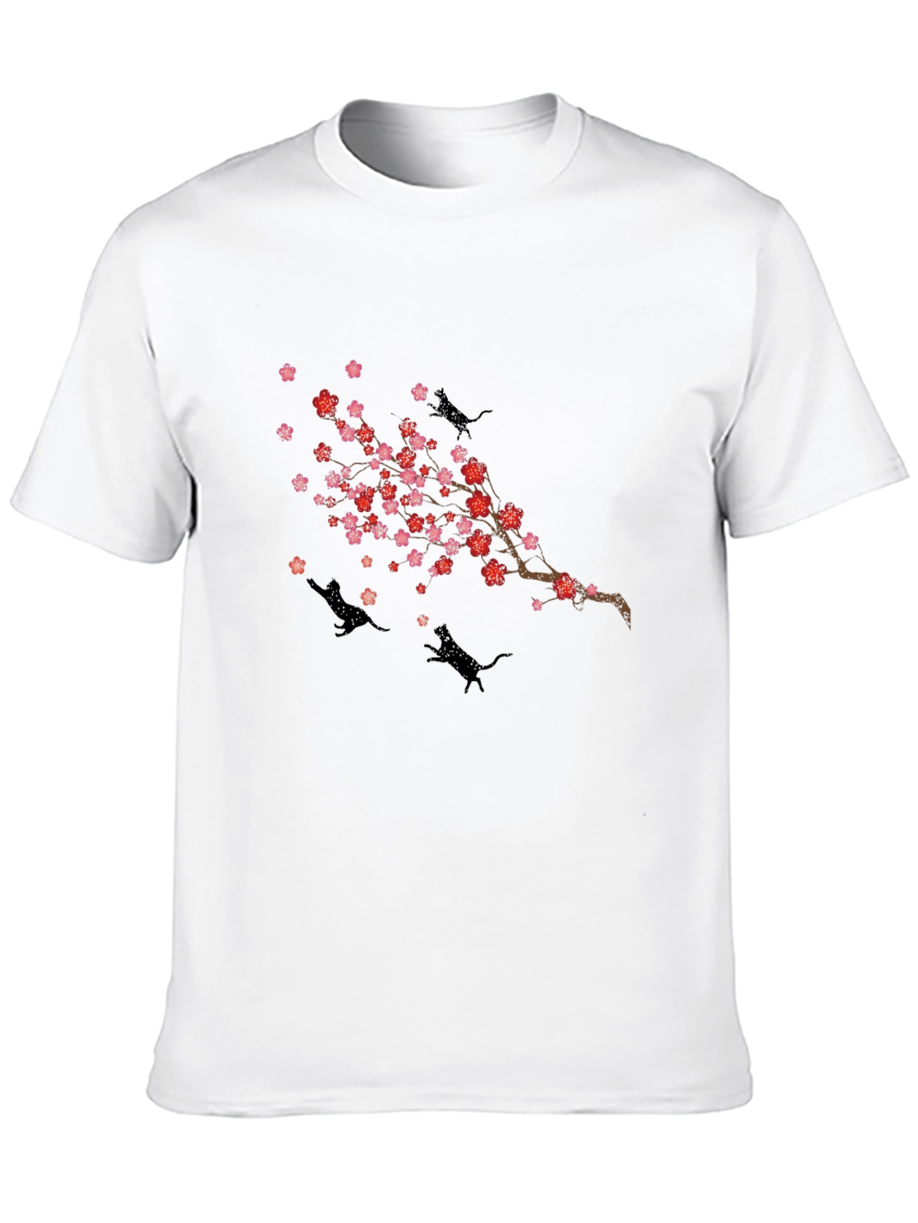 Cherry Blossom Cats T-Shirt - Black Crew Neck
