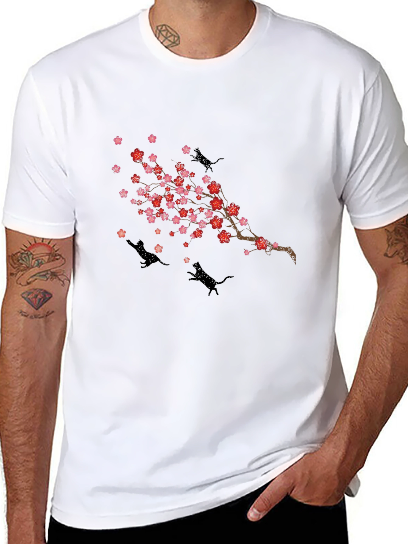 Cherry Blossom Cats T-Shirt - Black Crew Neck