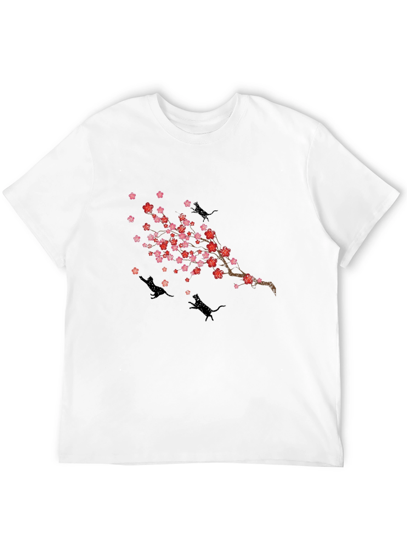 Cherry Blossom Cats T-Shirt - Black Crew Neck