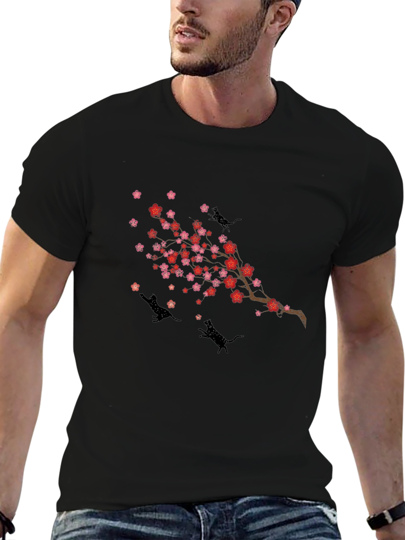 Cherry Blossom Cats T-Shirt - Black Crew Neck