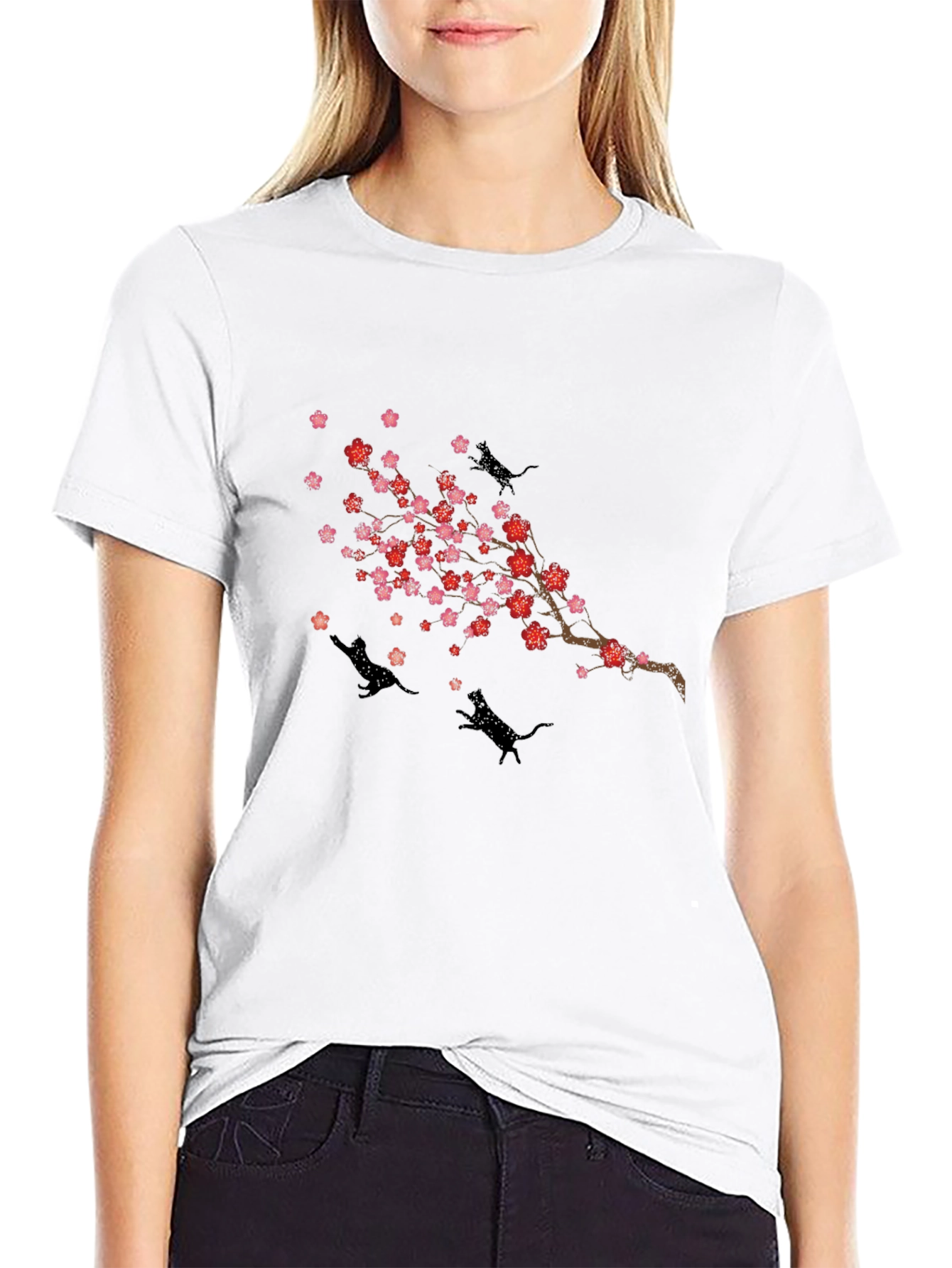 Cherry Blossom Cats T-Shirt - Black Crew Neck