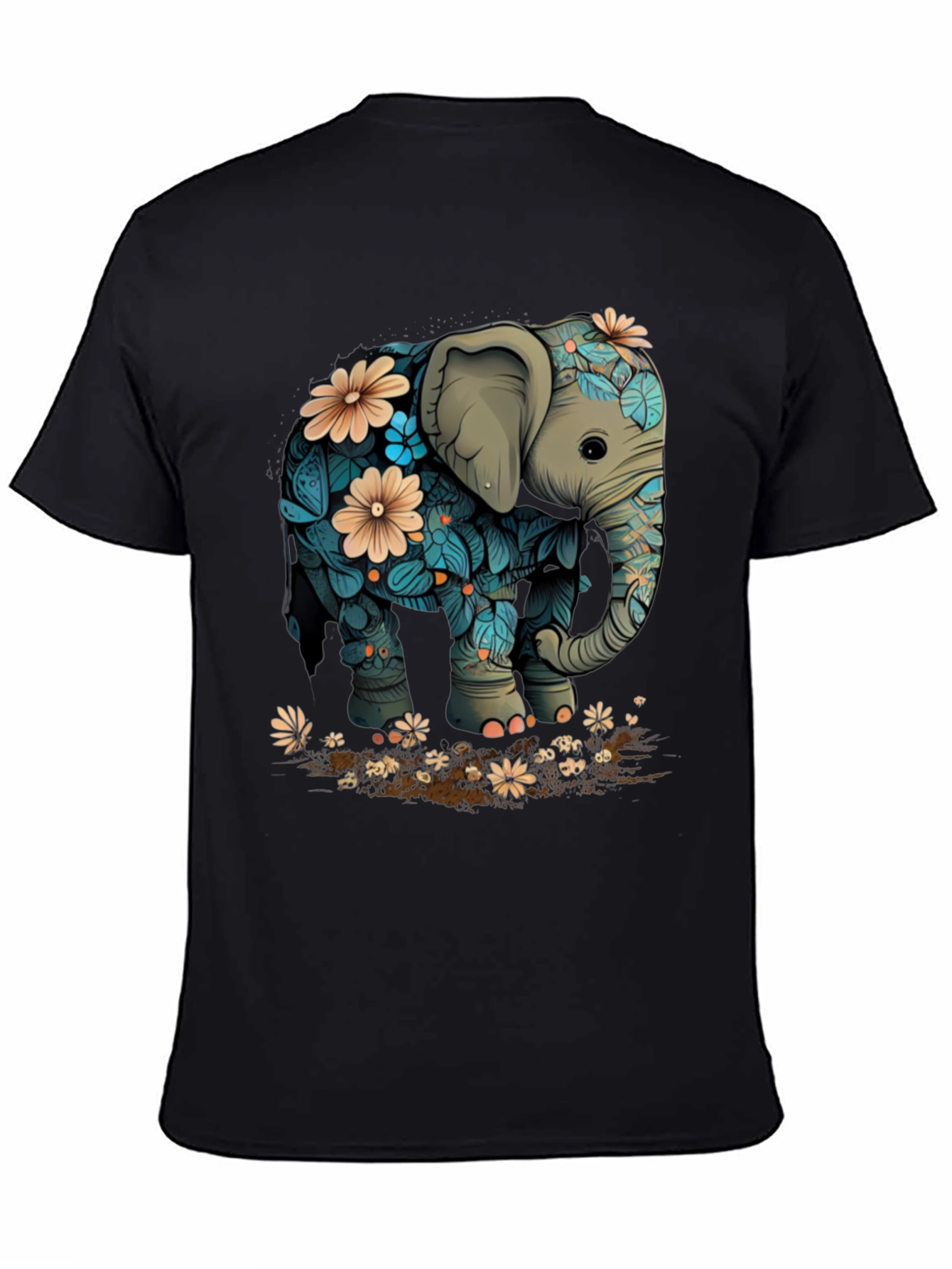 Floral Elephant Graphic Tee - Black