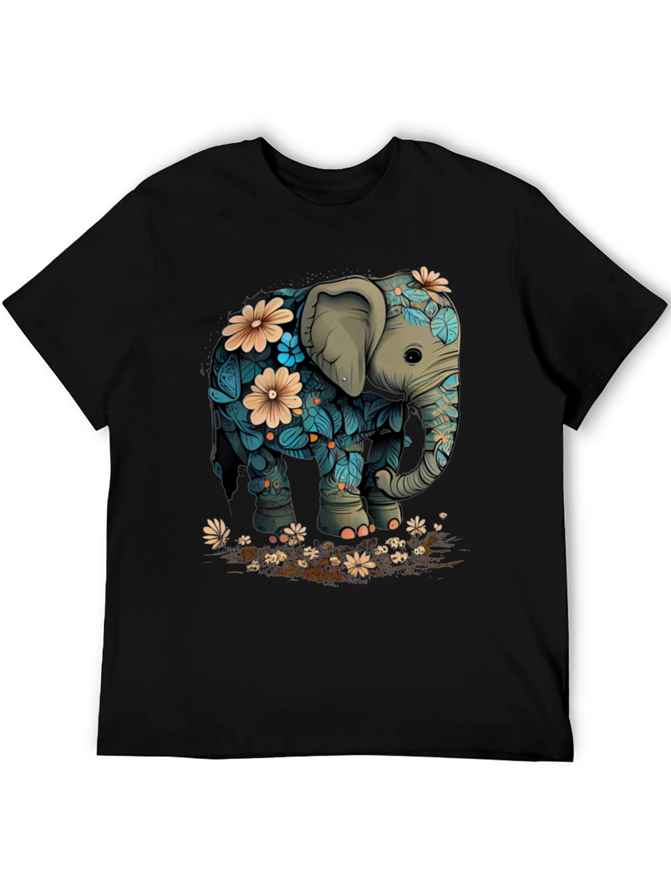Floral Elephant Graphic Tee - Black