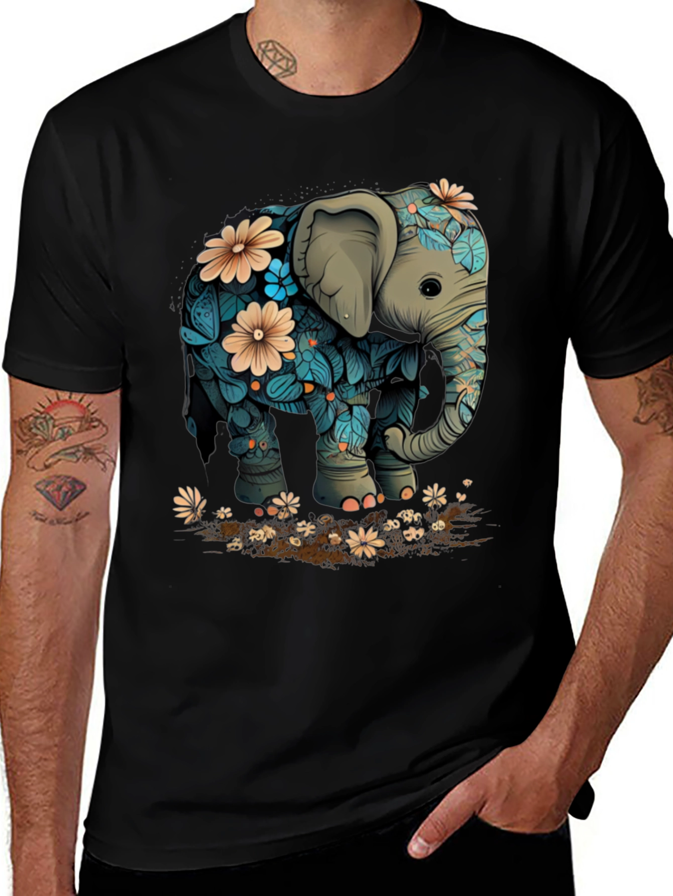 Floral Elephant Graphic Tee - Black