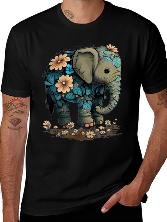 Floral Elephant Graphic Tee - Black