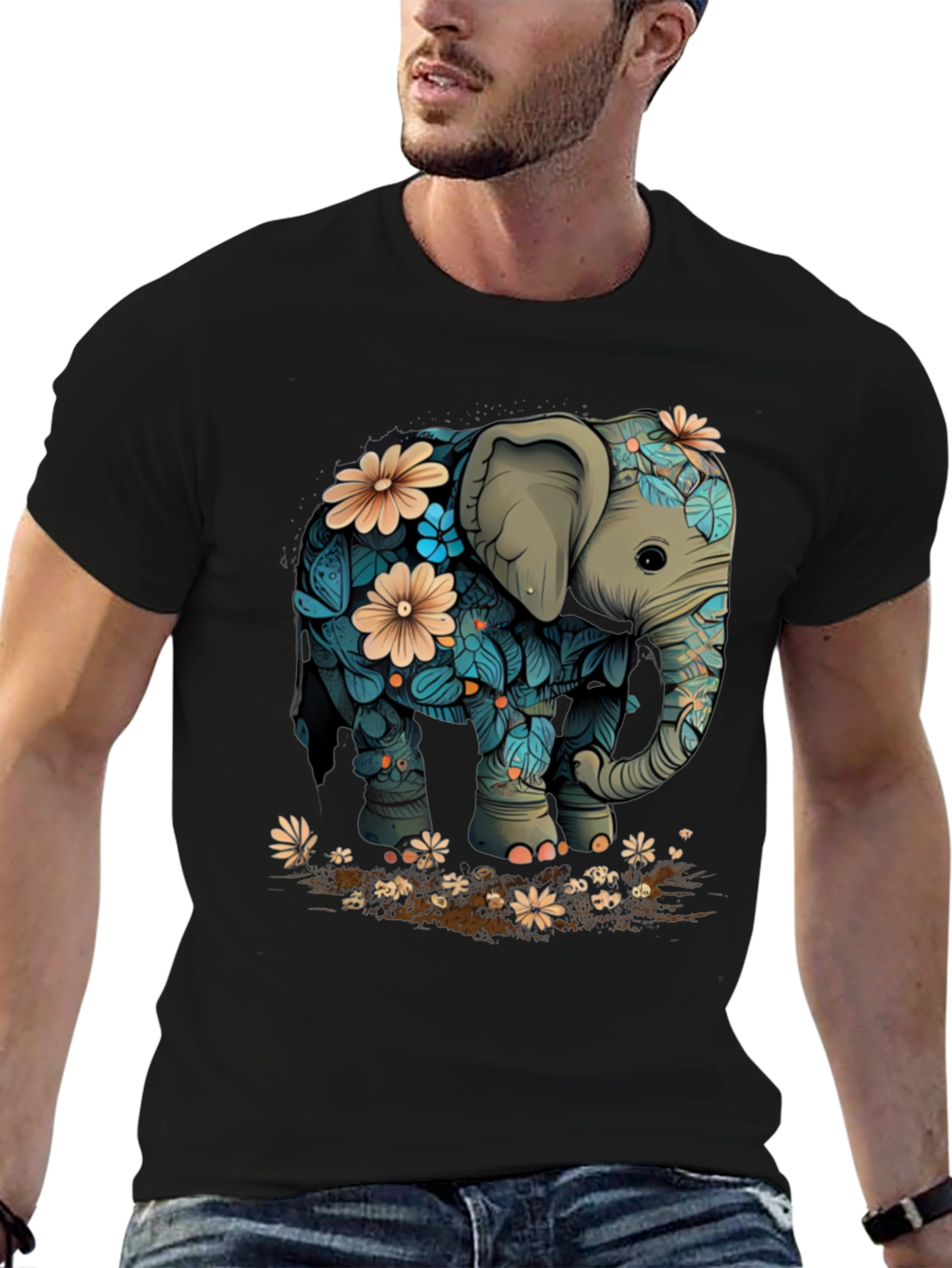Floral Elephant Graphic Tee - Black