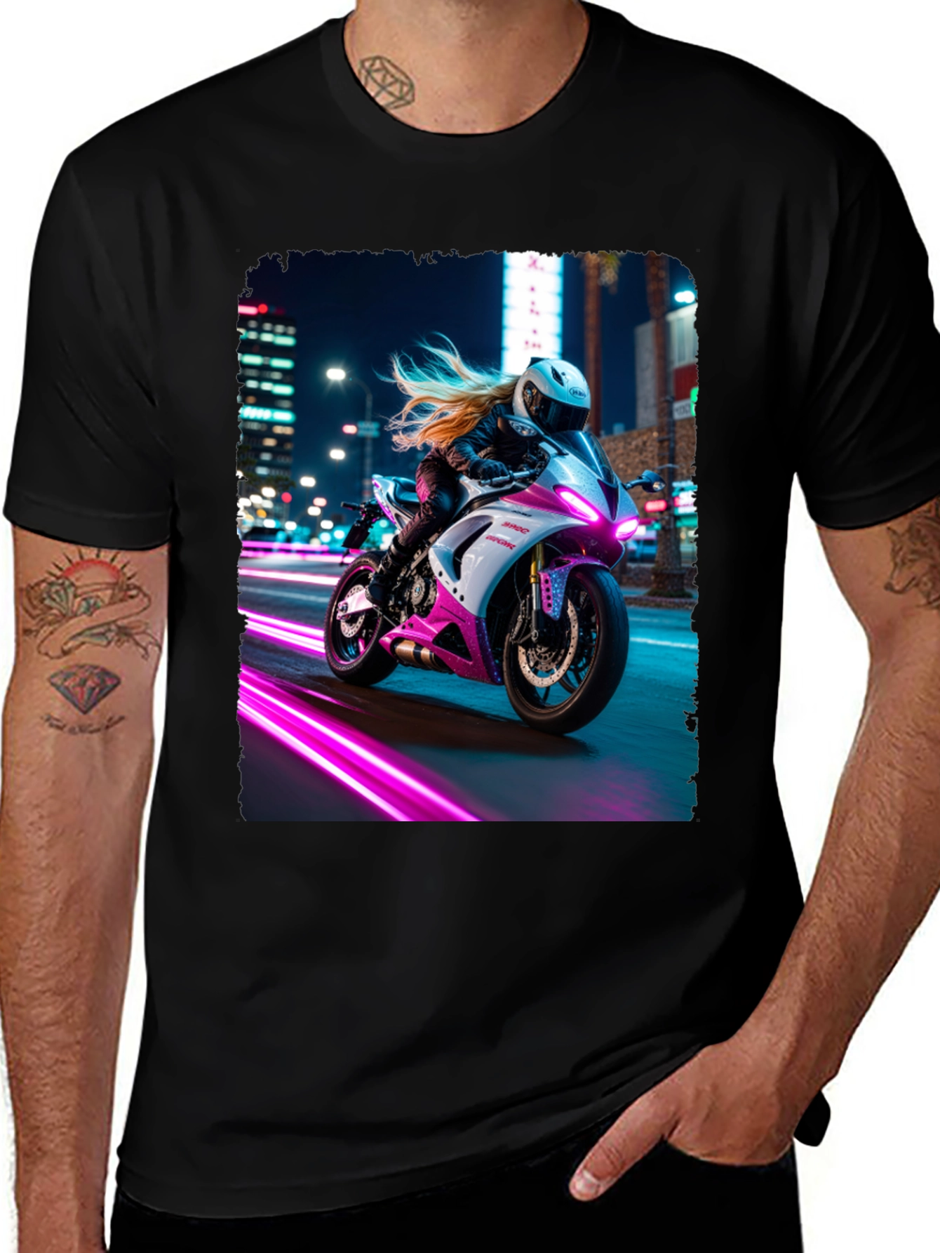 Motorcycle Rider Graphic T-Shirt - Night City Vibes
