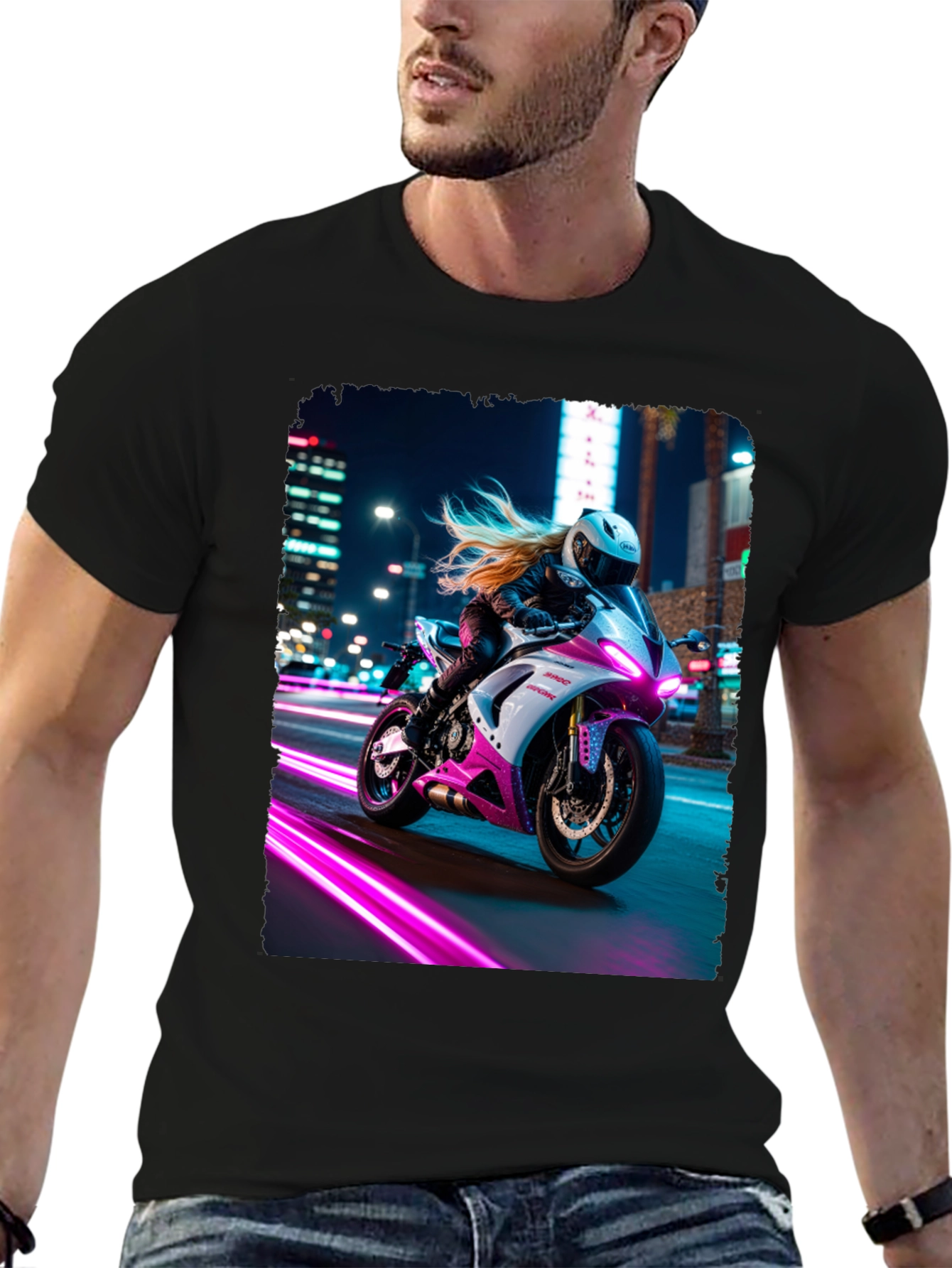 Motorcycle Rider Graphic T-Shirt - Night City Vibes