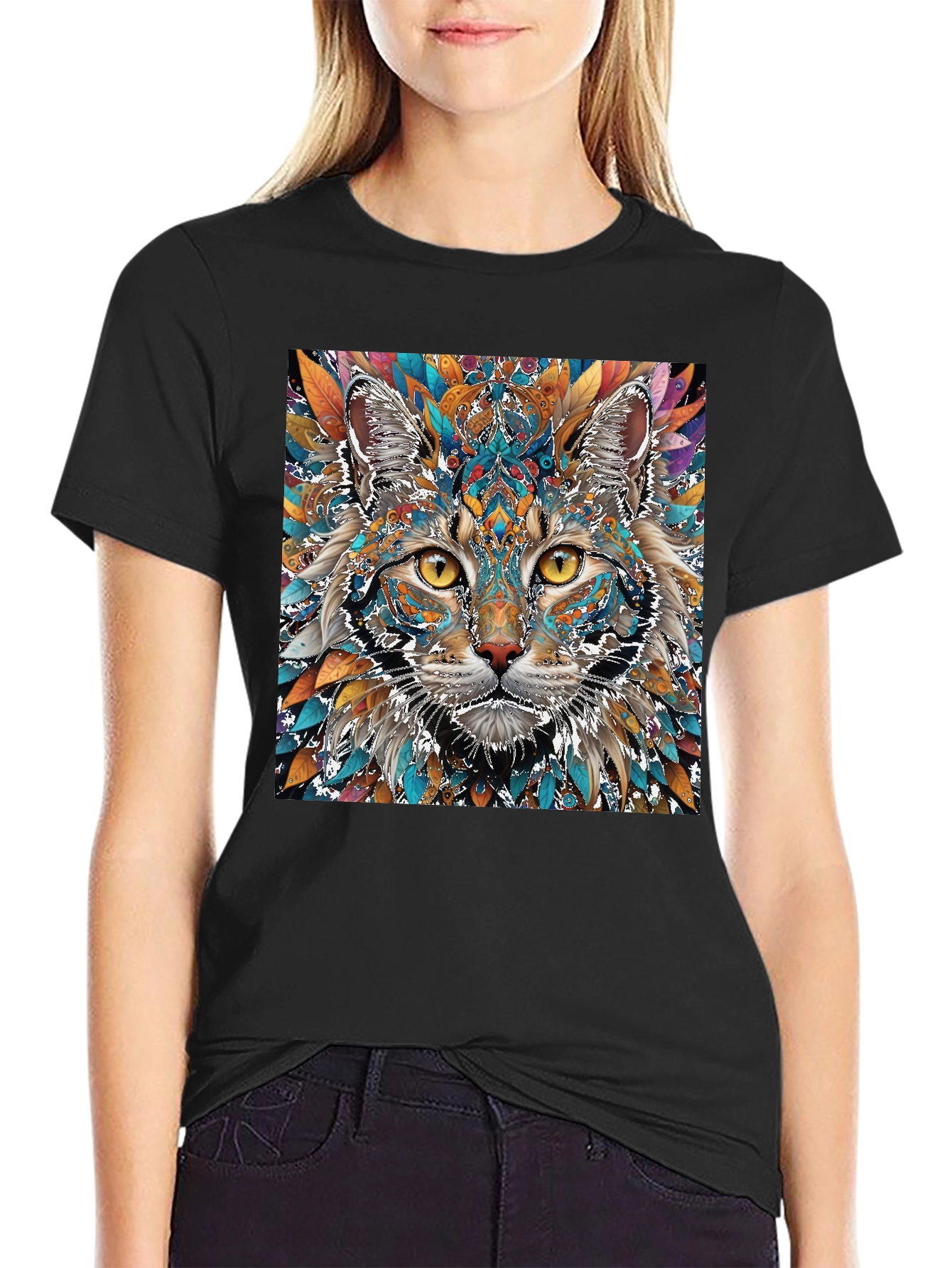 Abstract Cat Graphic Print Crew Neck T-Shirt