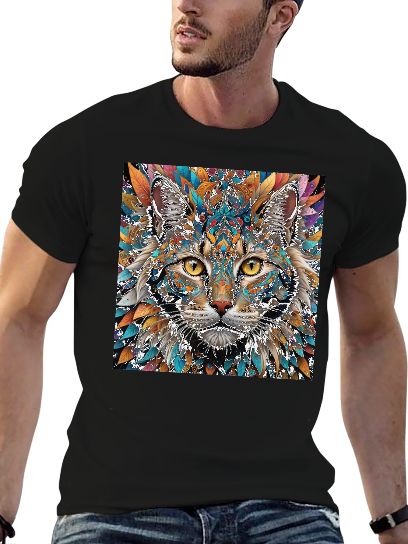 Abstract Cat Graphic Print Crew Neck T-Shirt