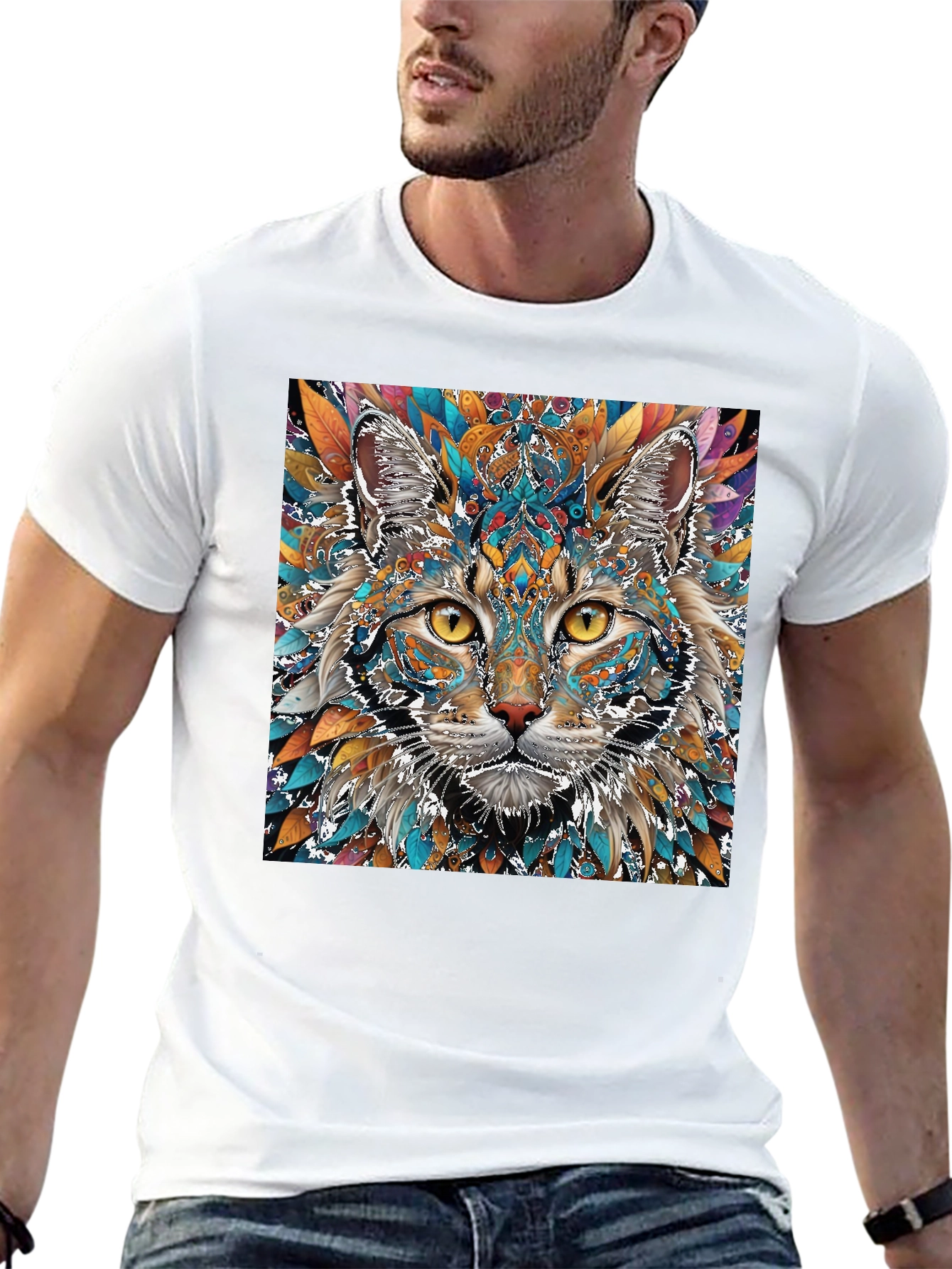 Abstract Cat Graphic Print Crew Neck T-Shirt