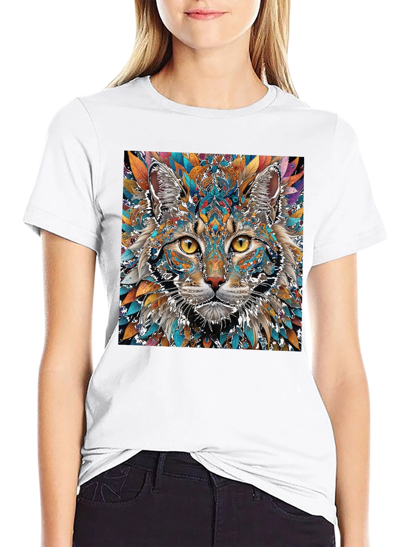 Abstract Cat Graphic Print Crew Neck T-Shirt