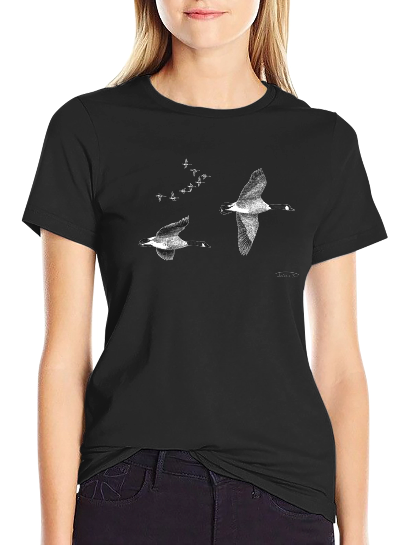 Flying Geese Graphic Tee - Black Cotton Casual T-Shirt