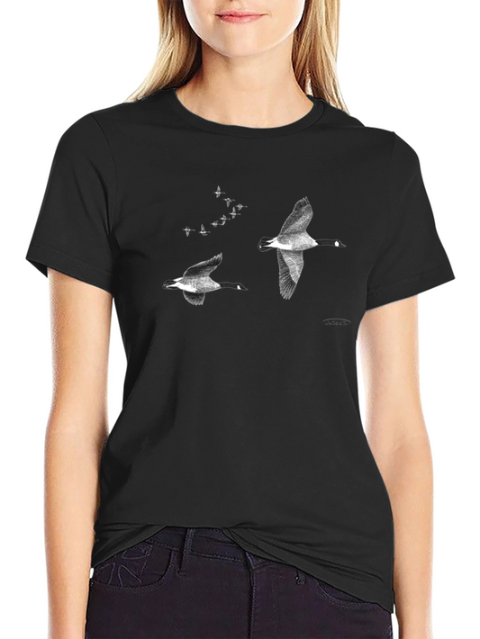Flying Geese Graphic Tee - Black Cotton Casual T-Shirt