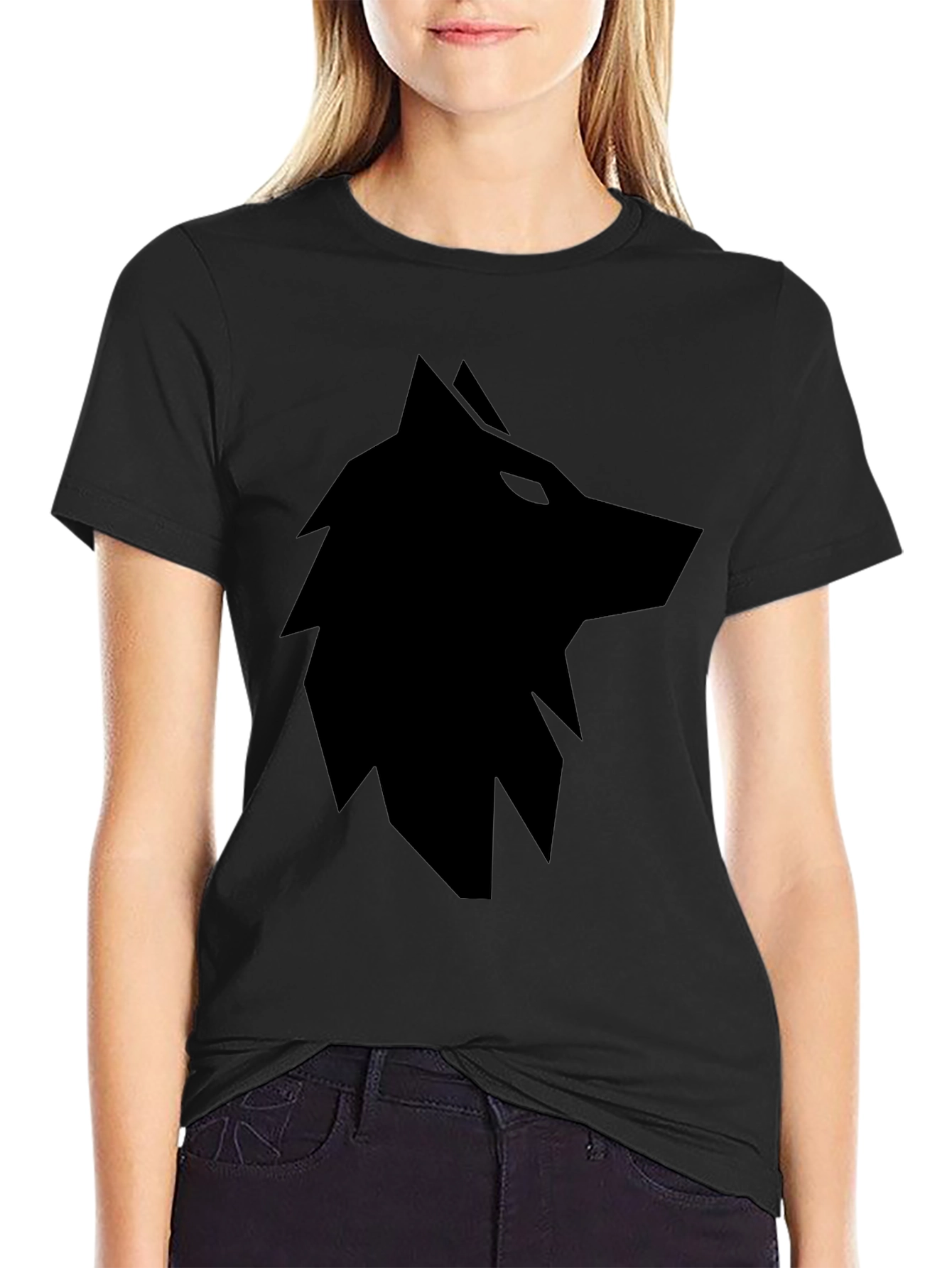 Mens Black T-Shirt with Geometric Wolf Graphic
