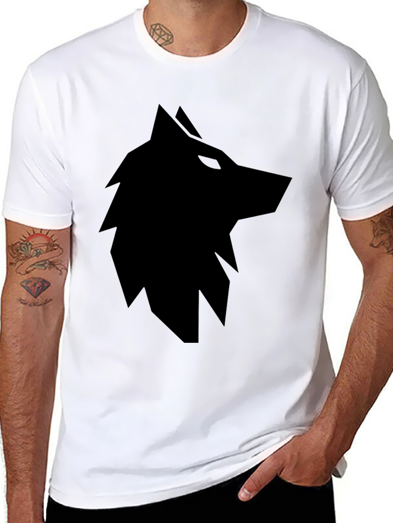 Mens Black T-Shirt with Geometric Wolf Graphic