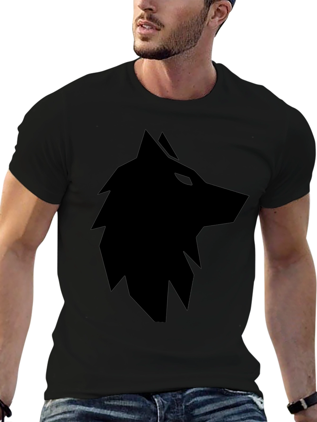 Mens Black T-Shirt with Geometric Wolf Graphic