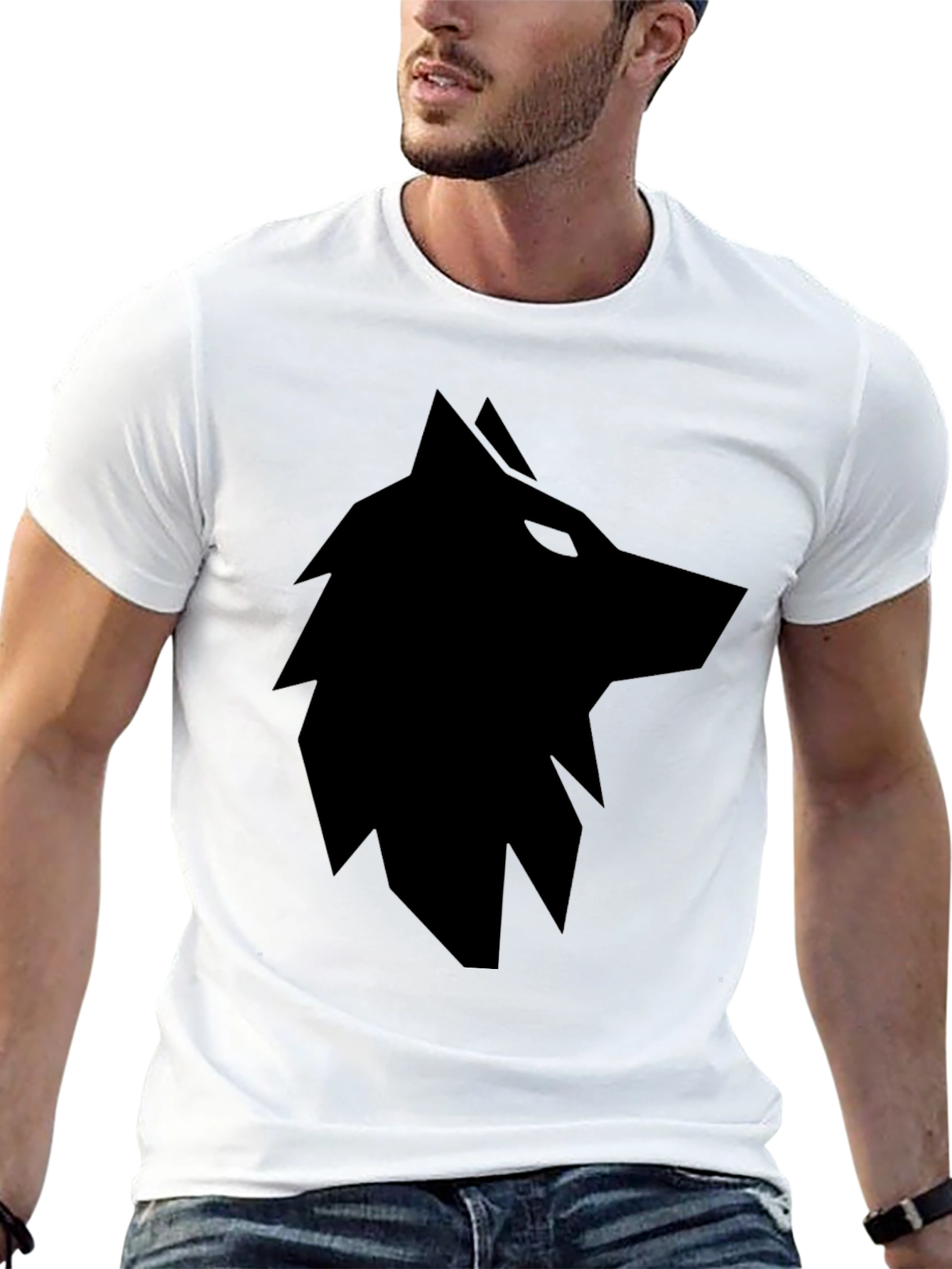 Mens Black T-Shirt with Geometric Wolf Graphic