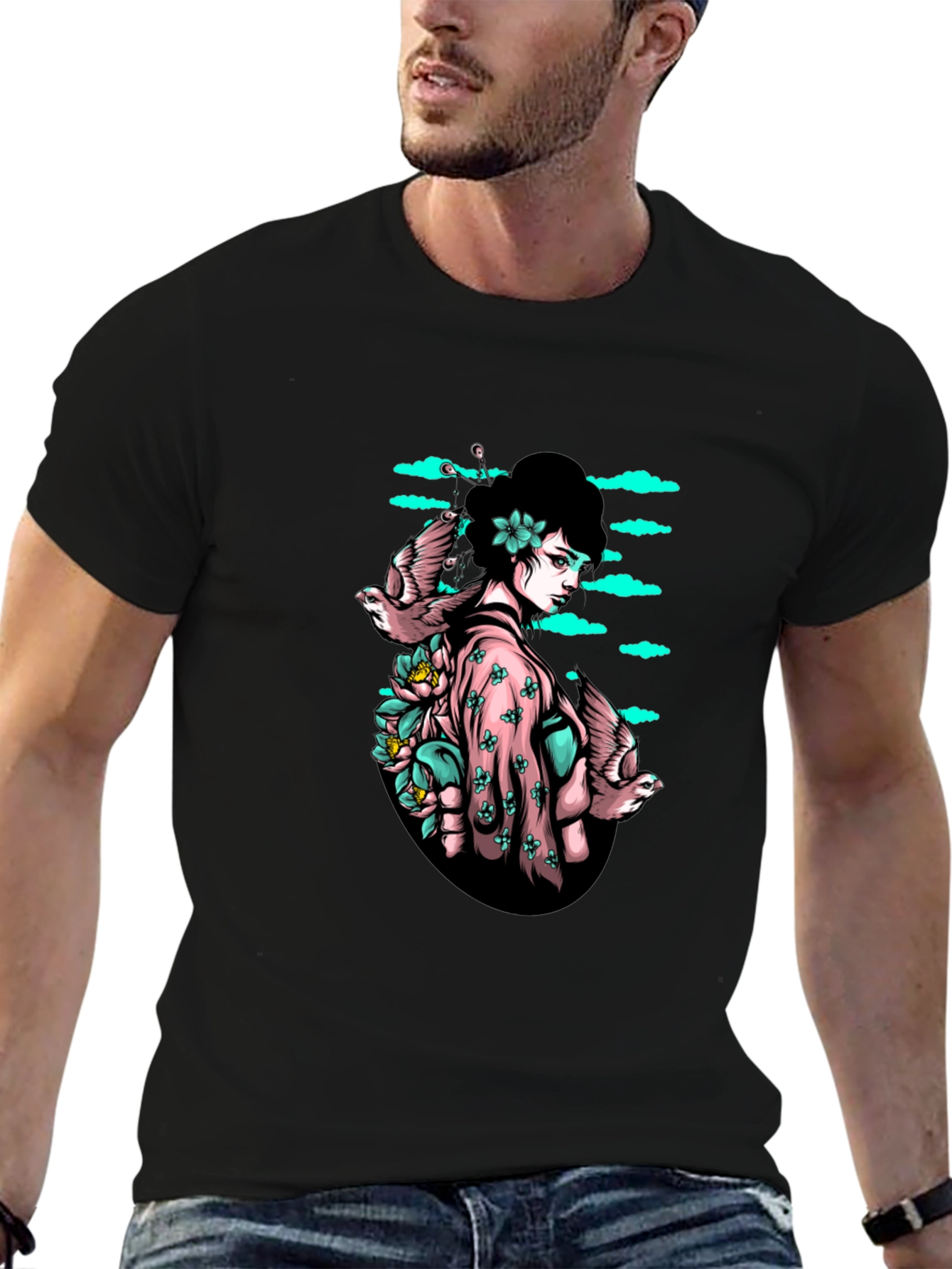 Geisha & Birds Graphic T-Shirt