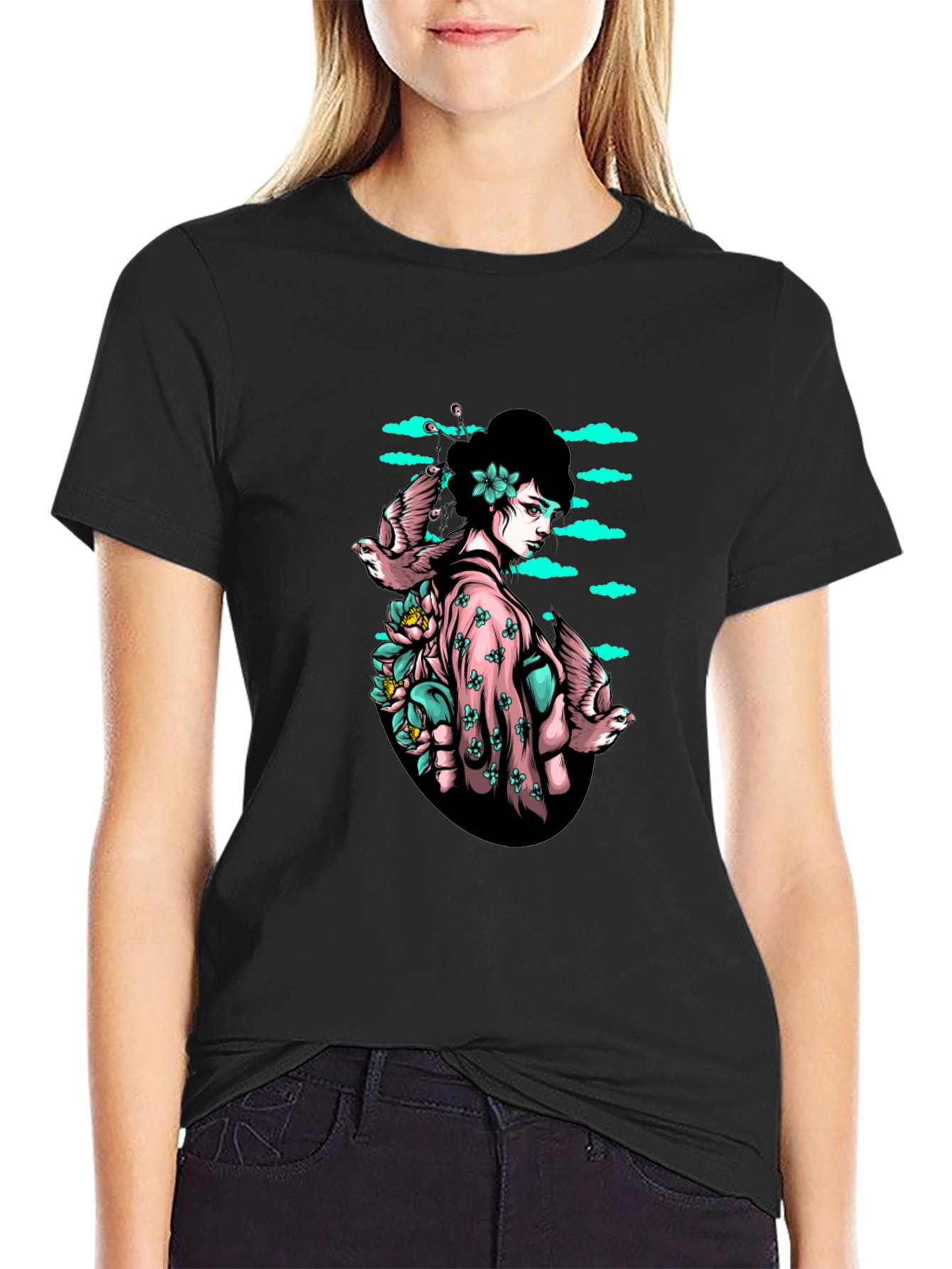 Geisha & Birds Graphic T-Shirt