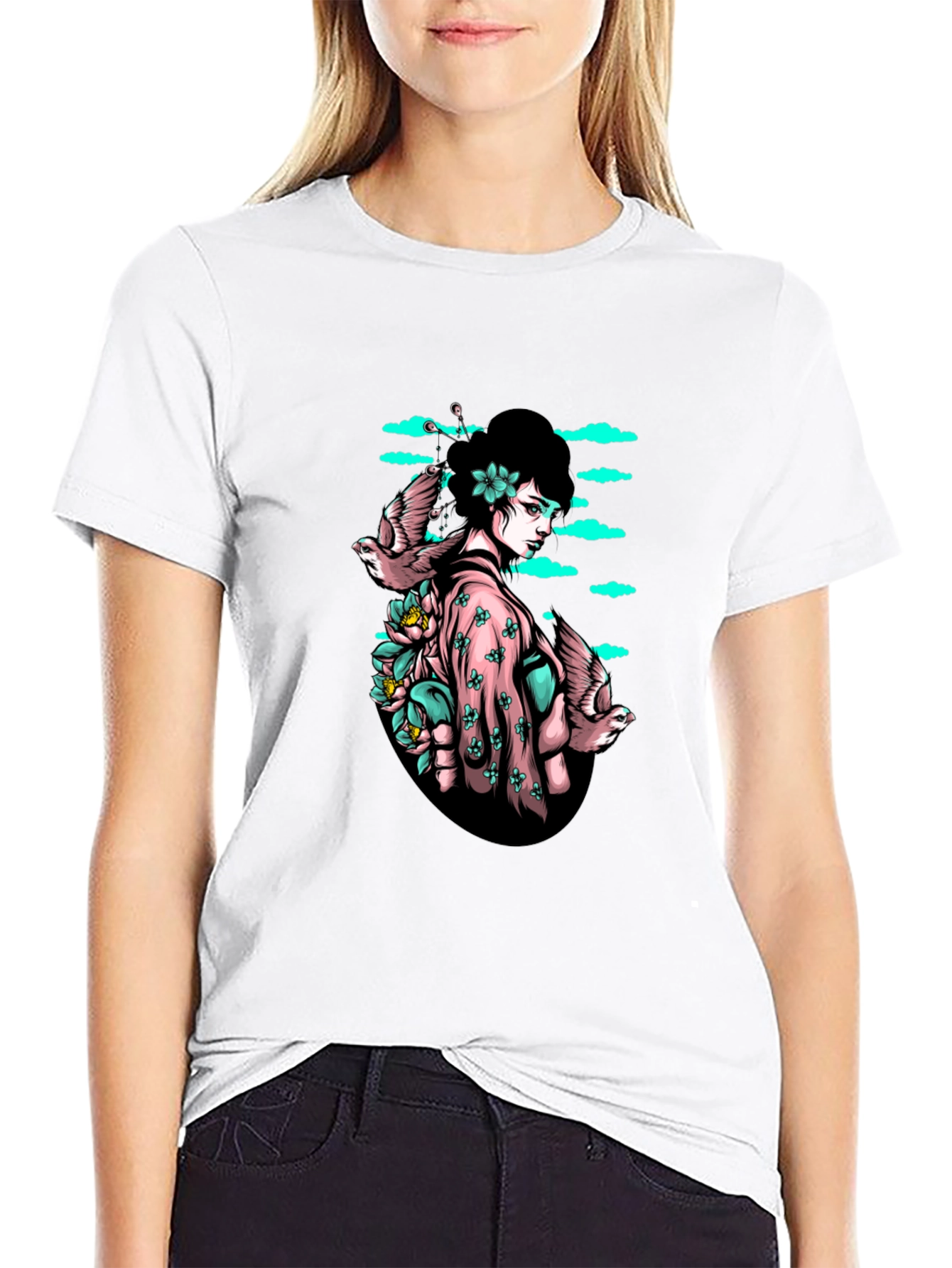 Geisha & Birds Graphic T-Shirt