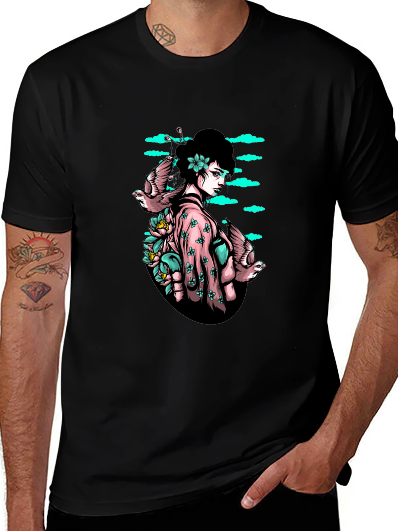 Geisha & Birds Graphic T-Shirt