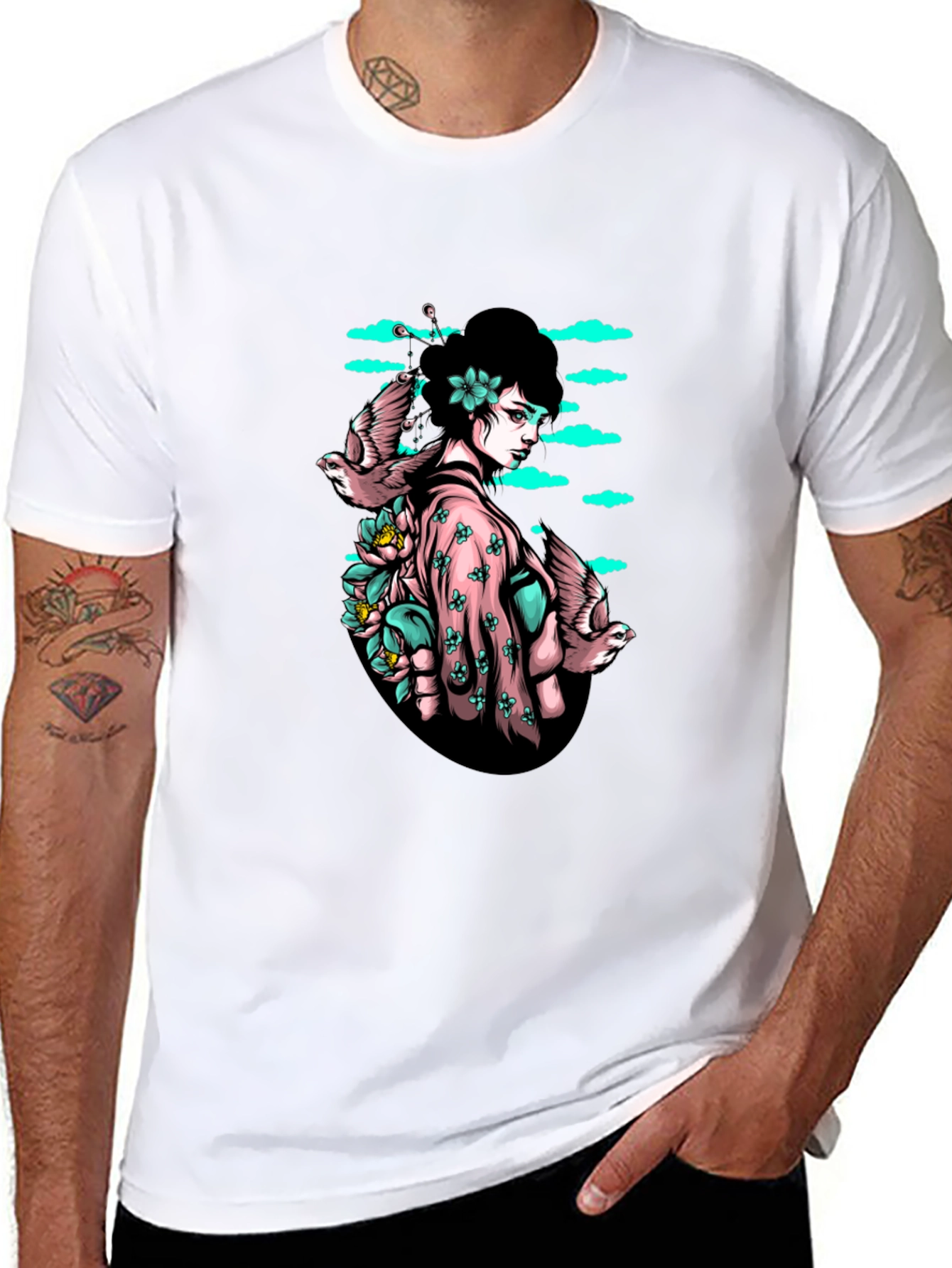Geisha & Birds Graphic T-Shirt
