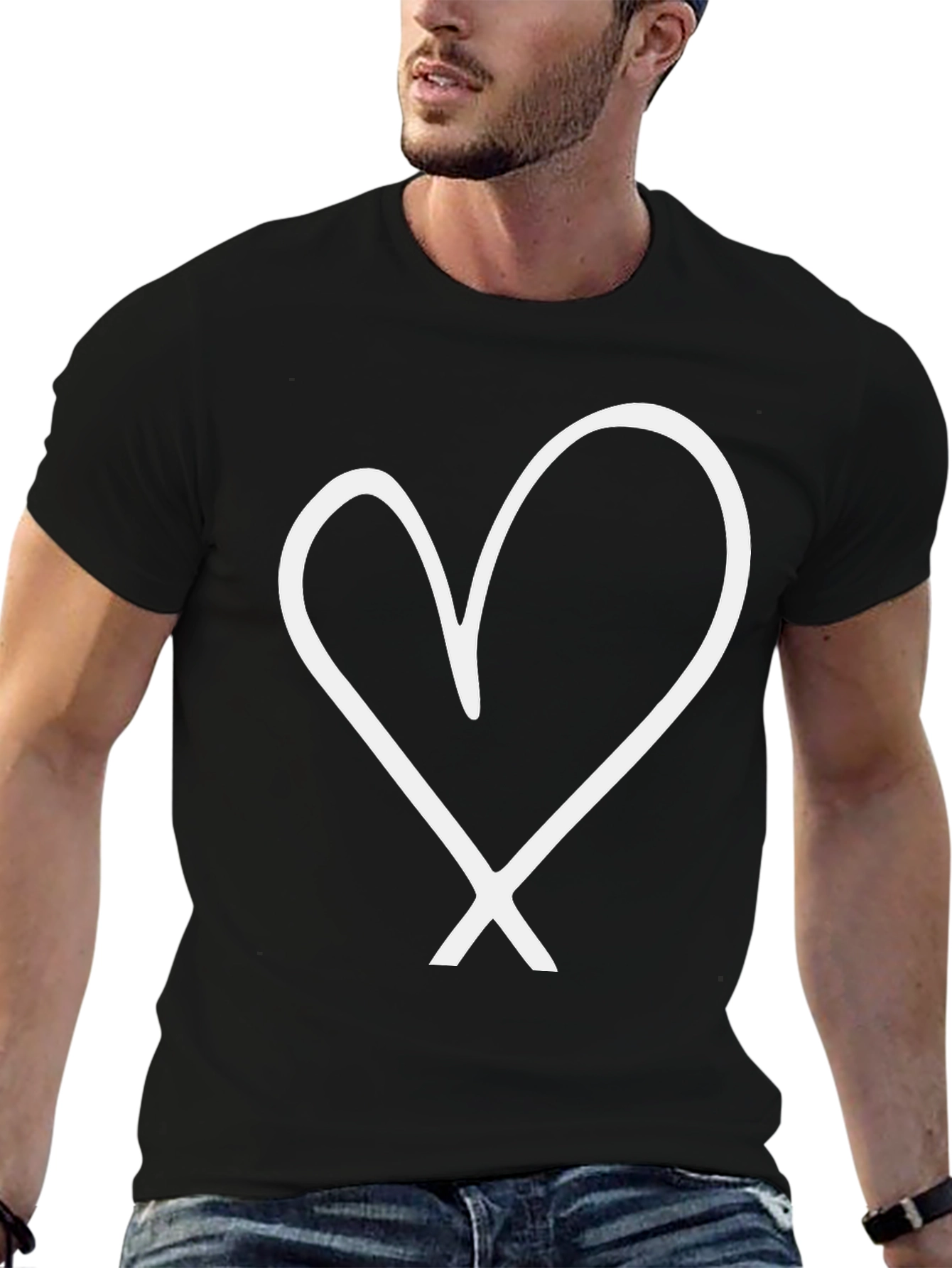 Black T-Shirt with White Heart Graphic
