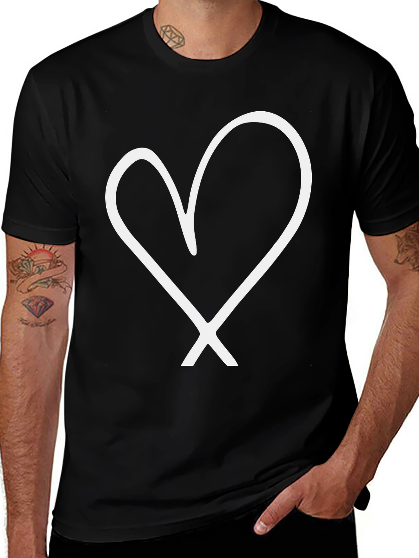 Black T-Shirt with White Heart Graphic