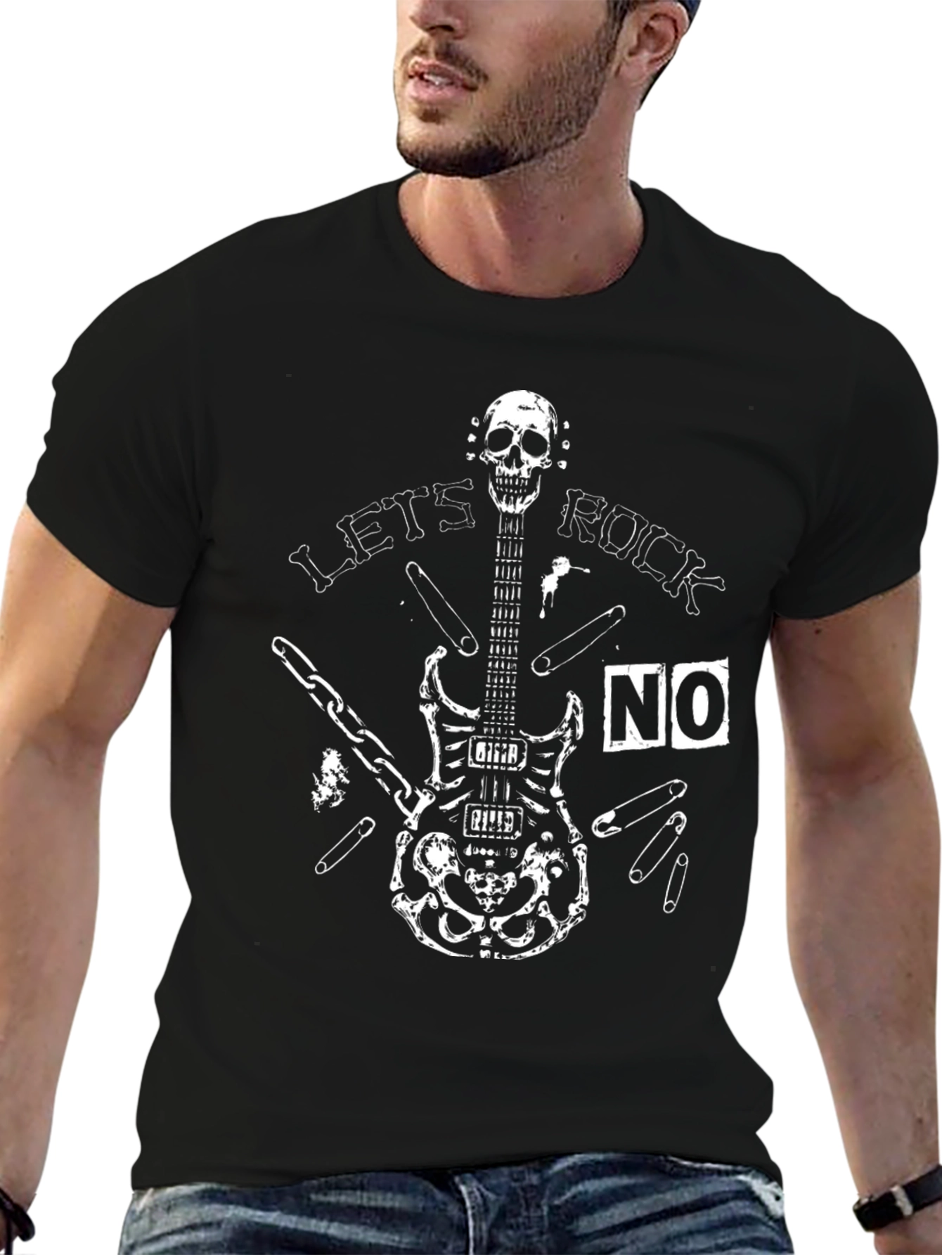 Lets Rock T-Shirt Skull Guitar